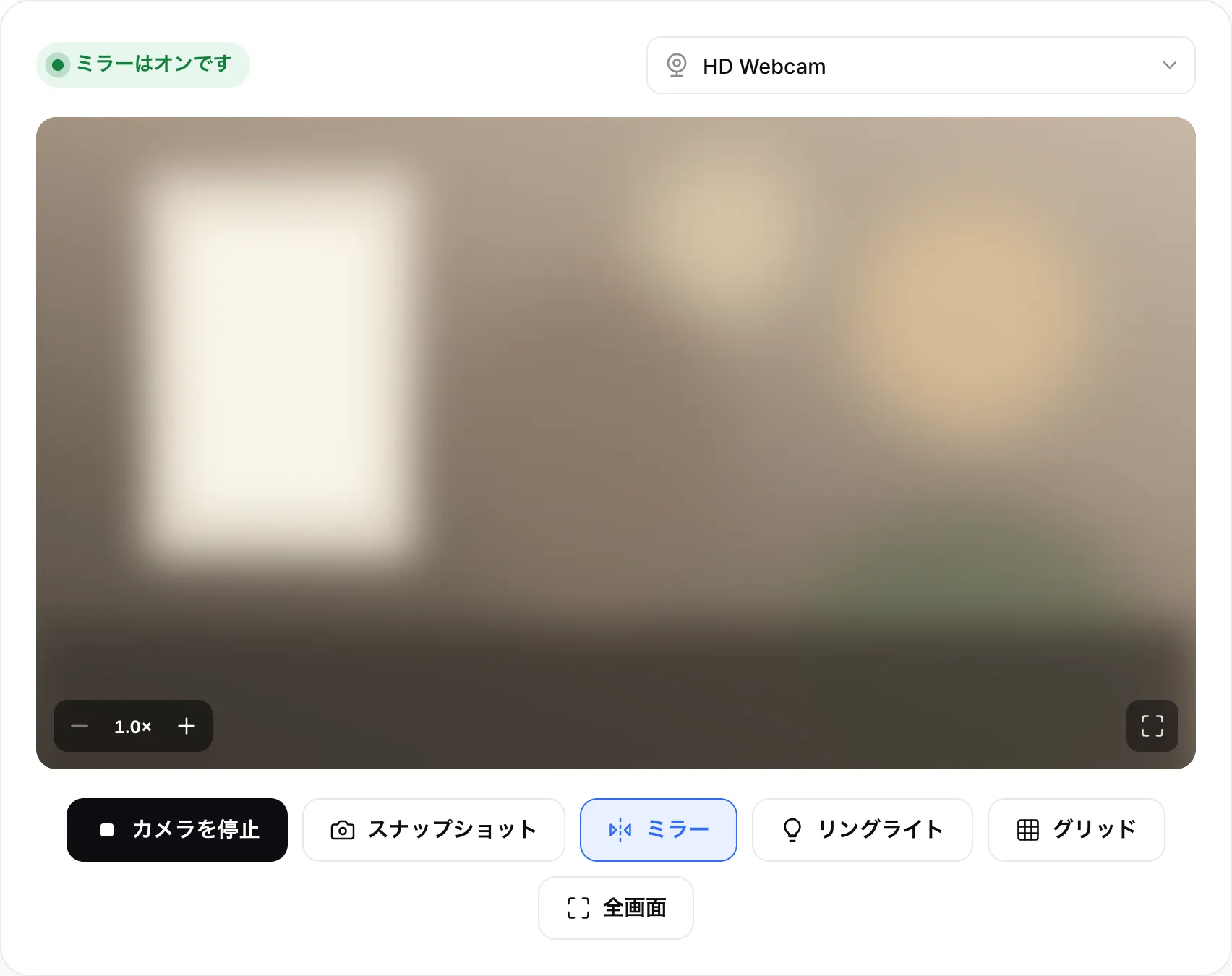 動作中のウェブカメラミラー。ステータス「ミラーはオンです」、映像上のズームボタン、リングライトボタンが表示されている