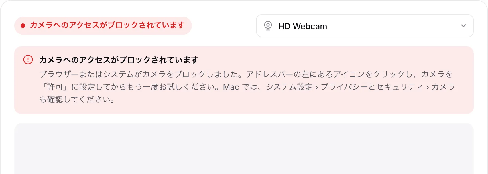 赤いメッセージ「カメラへのアクセスがブロックされています」と対処方法が表示されたウェブカメラテスト