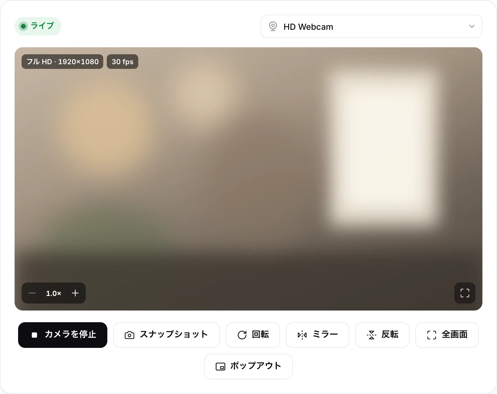 フル HD 1920×1080、30 fps のライブ映像を表示しているウェブカメラビューアー。回転、ミラー、反転、ポップアウトのボタンが表示されている