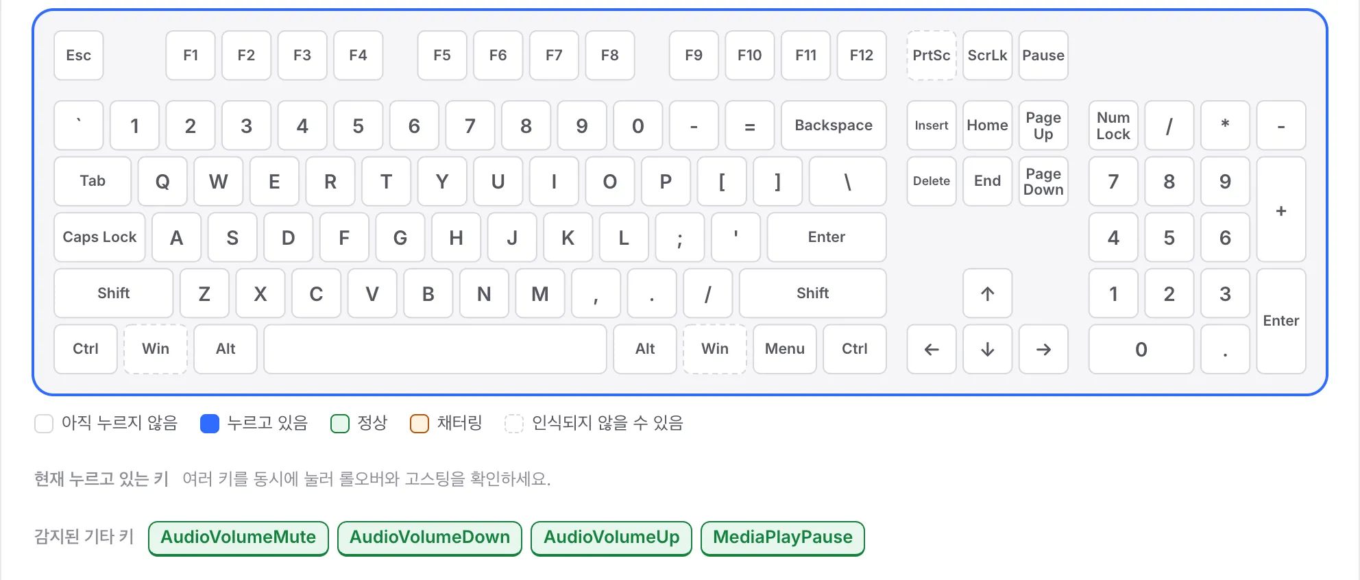 F 행은 흰색으로 남아 있고 AudioVolumeMute, AudioVolumeDown, AudioVolumeUp, MediaPlayPause가 감지된 기타 키에 나열된 화면
