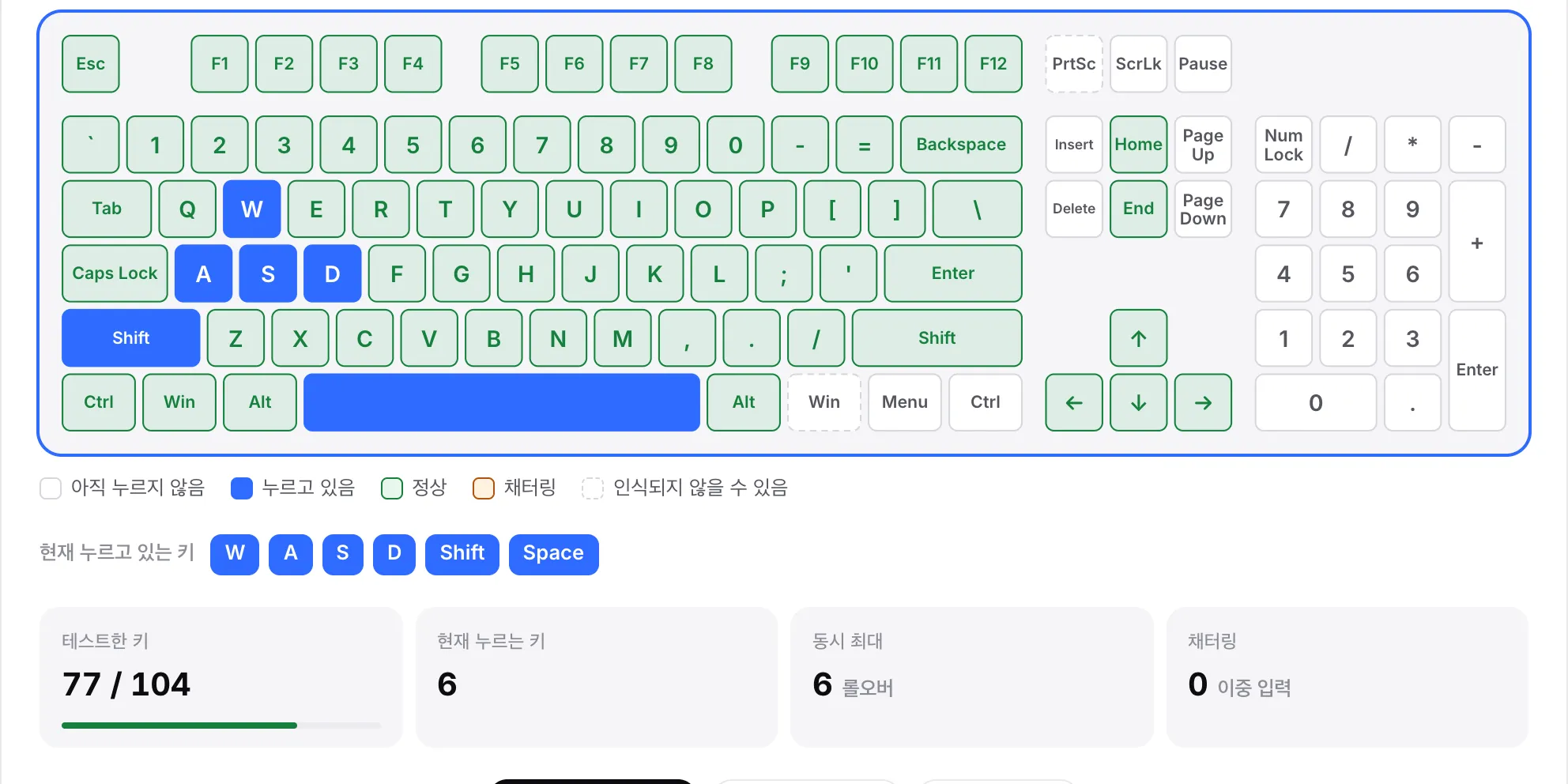 W, A, S, D, Shift, Space를 동시에 누른 상태: 6개 키가 모두 파란색이고 현재 누르고 있는 키에 나열되며 동시 최대는 6