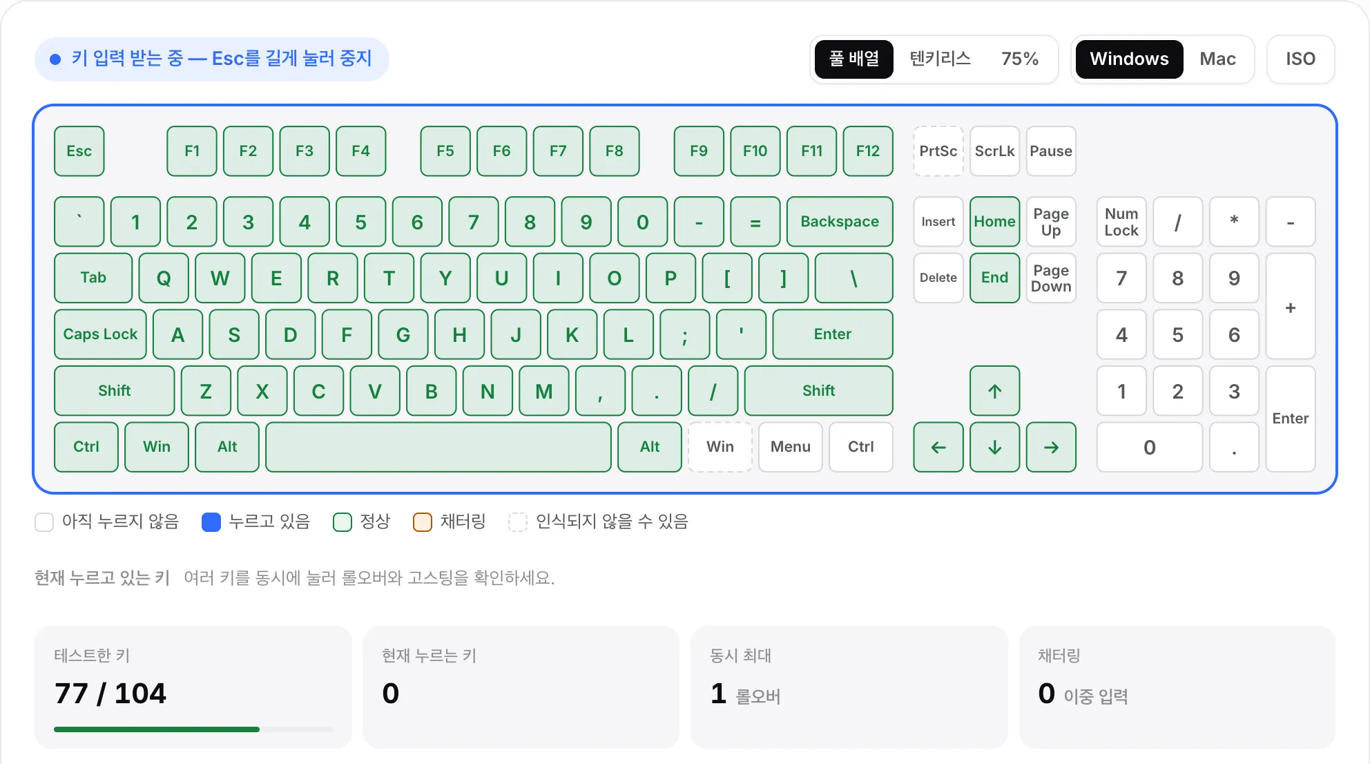 대부분의 키가 초록색이고 숫자 키패드는 아직 흰색이며 테스트한 키가 104개 중 77개인 가상 키보드