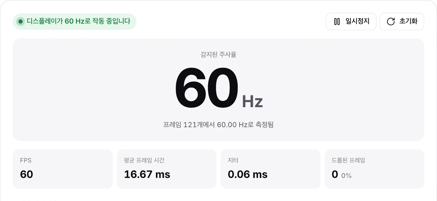 결과 “디스플레이가 60 Hz로 작동 중입니다”: 큰 글씨의 60 Hz, 60 FPS, 평균 프레임 시간 16.67 ms, 지터 0.1 ms 미만, 드롭된 프레임 없음
