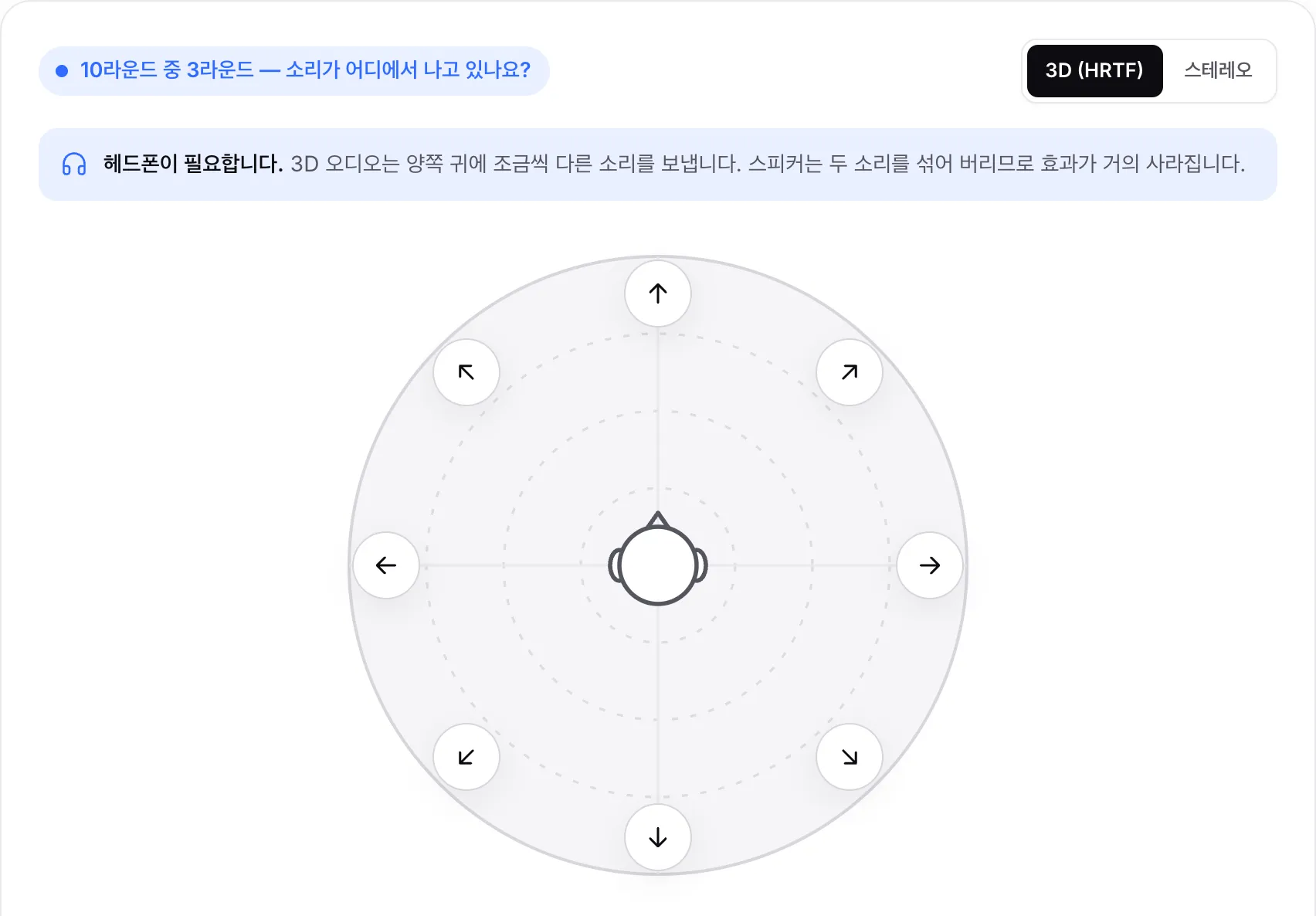 10라운드 중 3라운드 퀴즈: 머리 주위의 화살표 버튼 8개가 소리의 방향을 고르기를 기다리고 있습니다