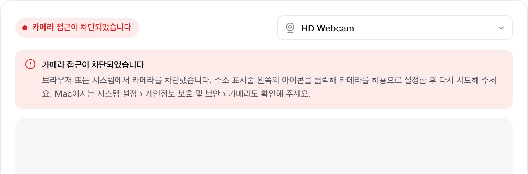 안내와 함께 빨간색 메시지 “카메라 접근이 차단되었습니다”가 표시된 웹캠 거울