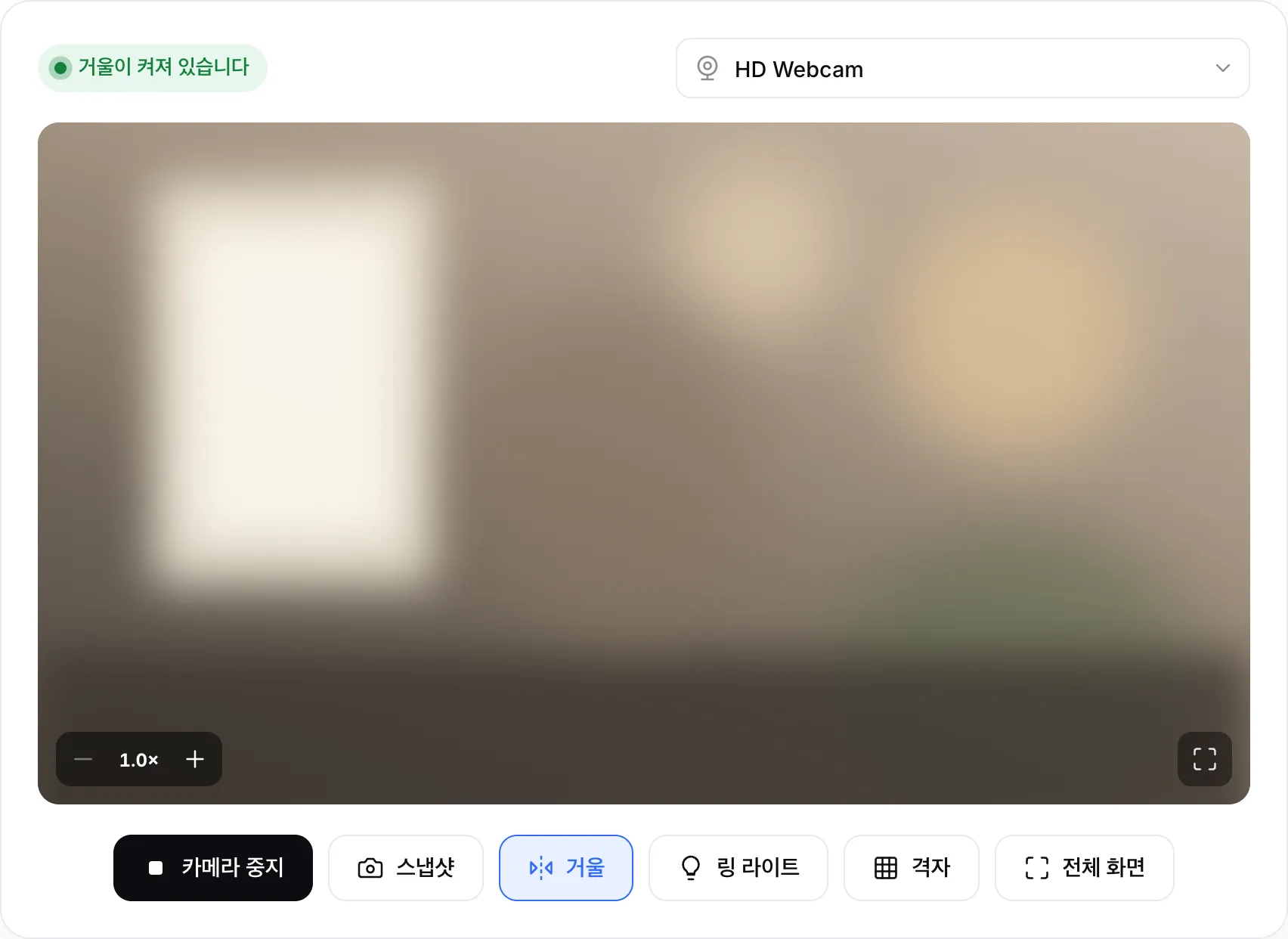 상태 “거울이 켜져 있습니다”, 화면 위의 확대/축소 버튼, 링 라이트 버튼이 표시된 웹캠 거울