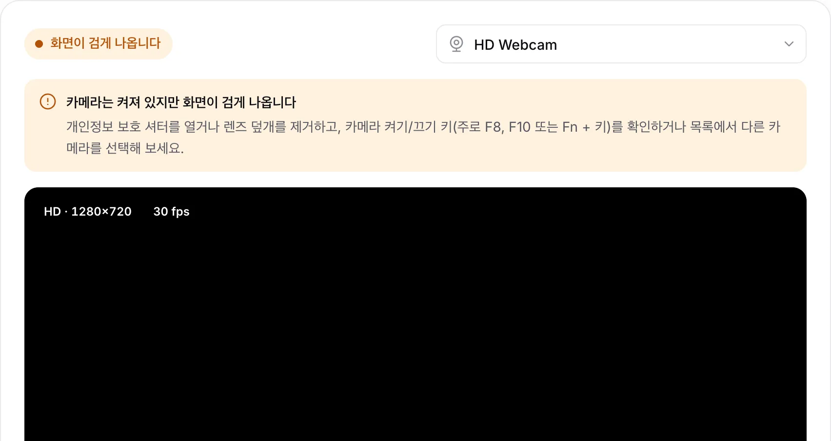 검은 화면 위에 경고 “카메라는 켜져 있지만 화면이 검게 나옵니다”가 표시된 웹캠 테스트 화면