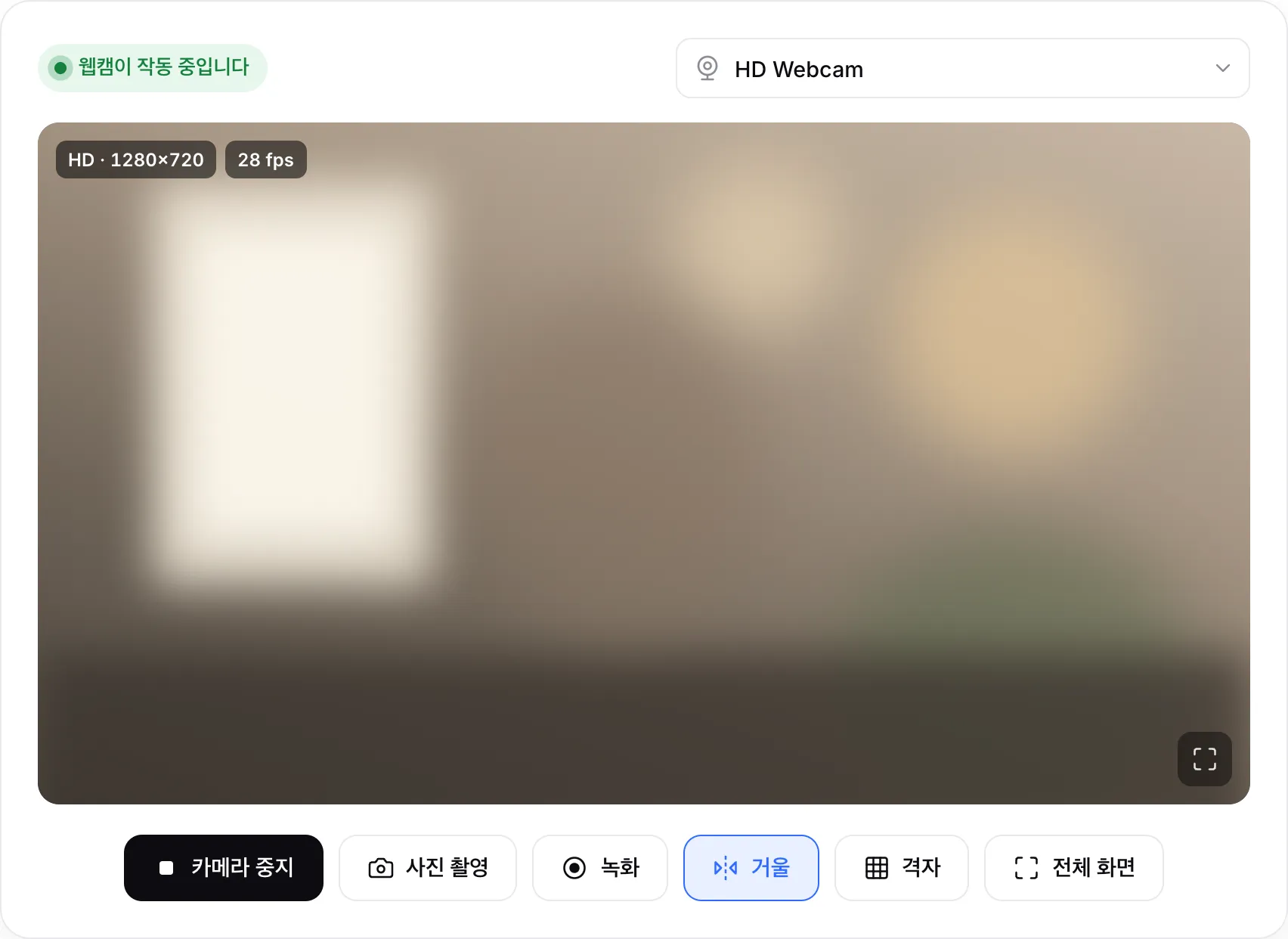 정상 작동하는 웹캠: HD · 1280×720, 30 fps 배지와 초록색 상태 “웹캠이 작동 중입니다”가 표시된 라이브 화면