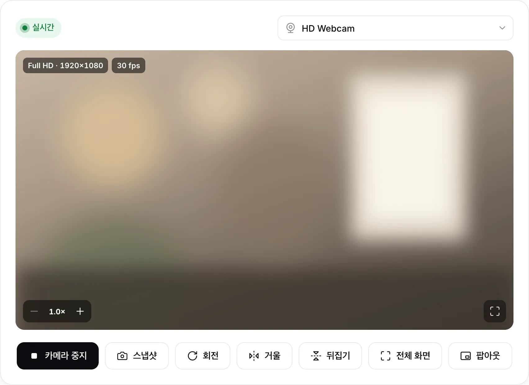회전, 거울, 뒤집기, 팝아웃 버튼이 있고 30 fps의 Full HD 1920×1080 라이브 화면을 표시하는 웹캠 뷰어