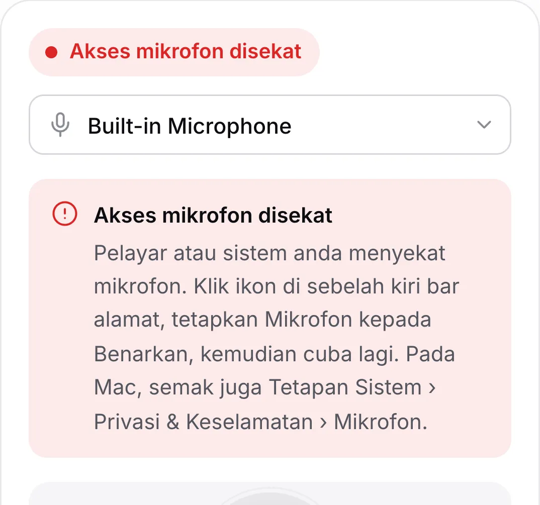 Ujian mikrofon pada telefon yang menunjukkan mesej merah “Akses mikrofon disekat”