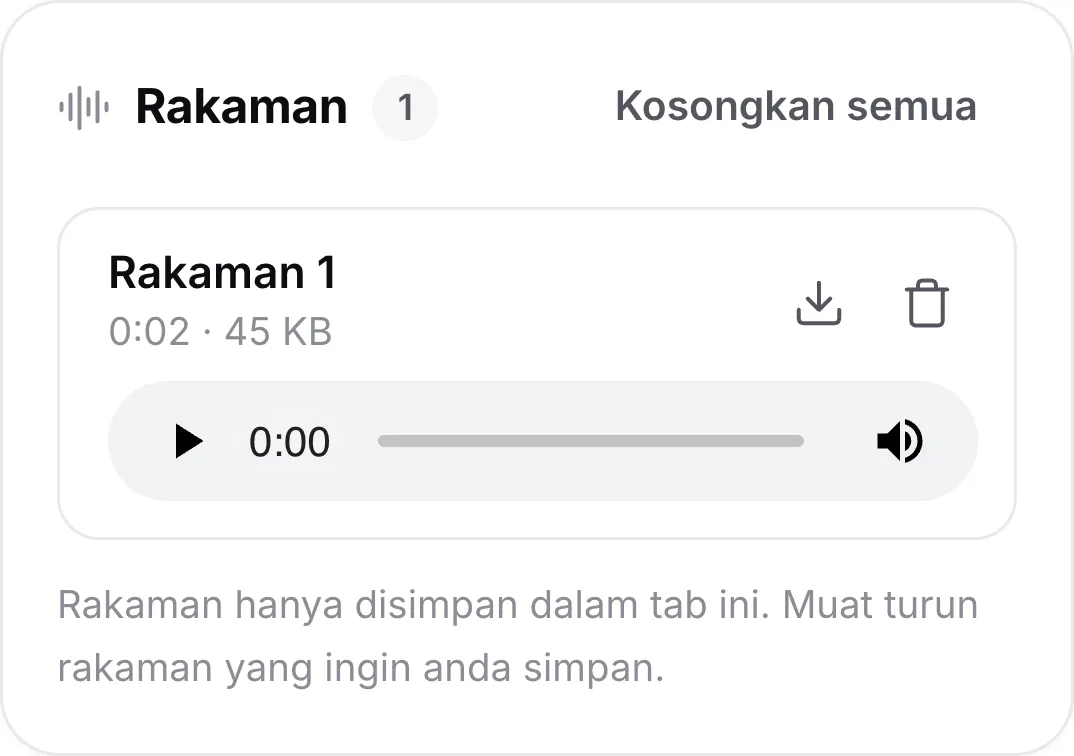 Satu rakaman pada telefon dengan panjangnya, pemain serta butang muat turun dan padam