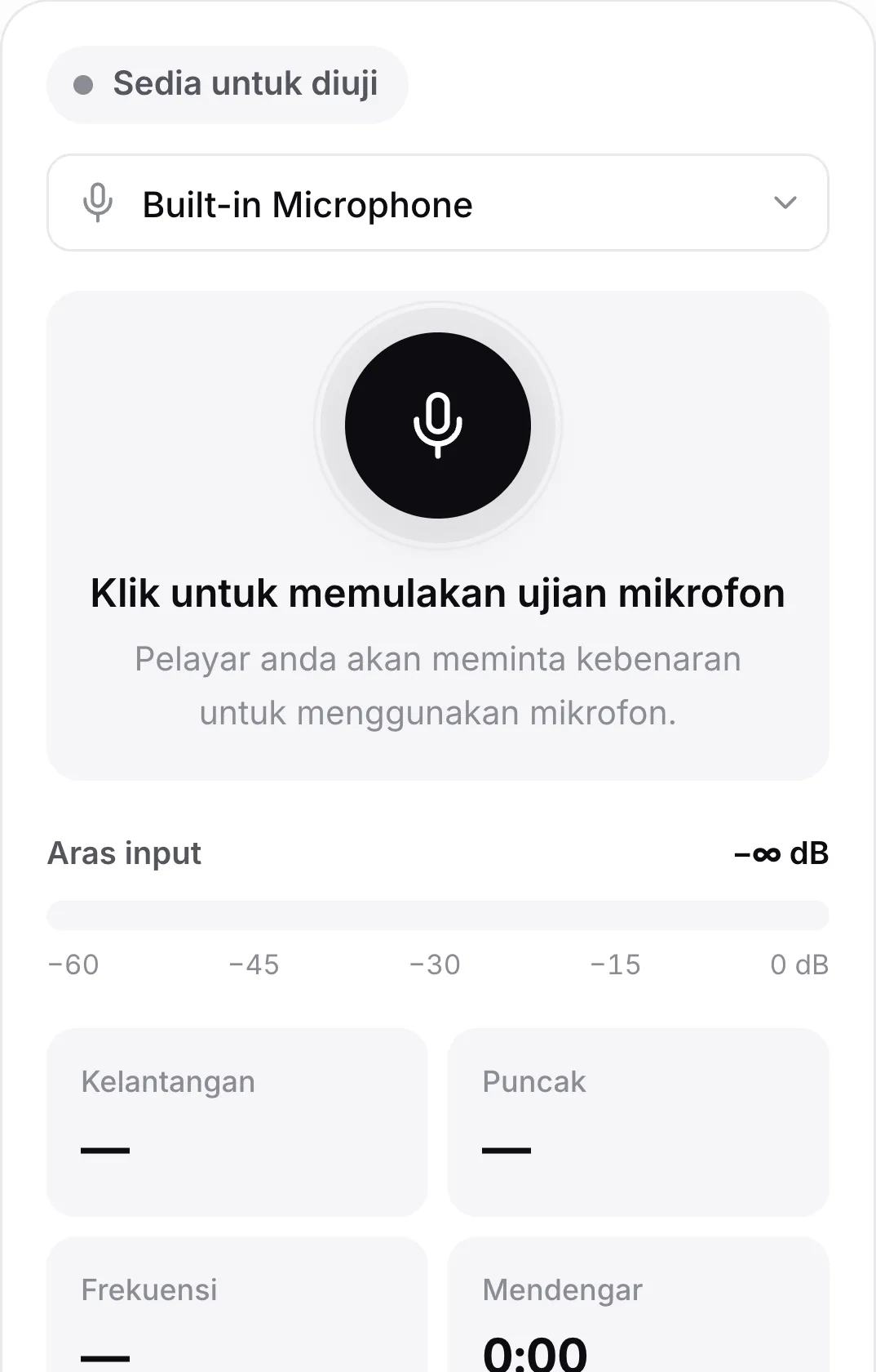 Ujian mikrofon pada telefon sebelum bermula, dengan butang mikrofon yang besar