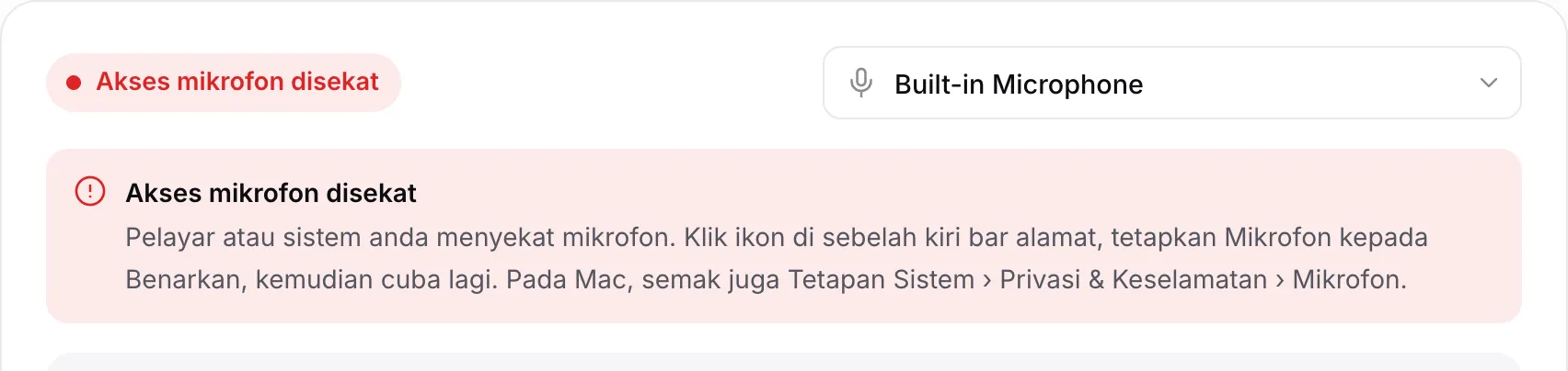 Penala menunjukkan mesej merah “Akses mikrofon disekat” beserta arahan