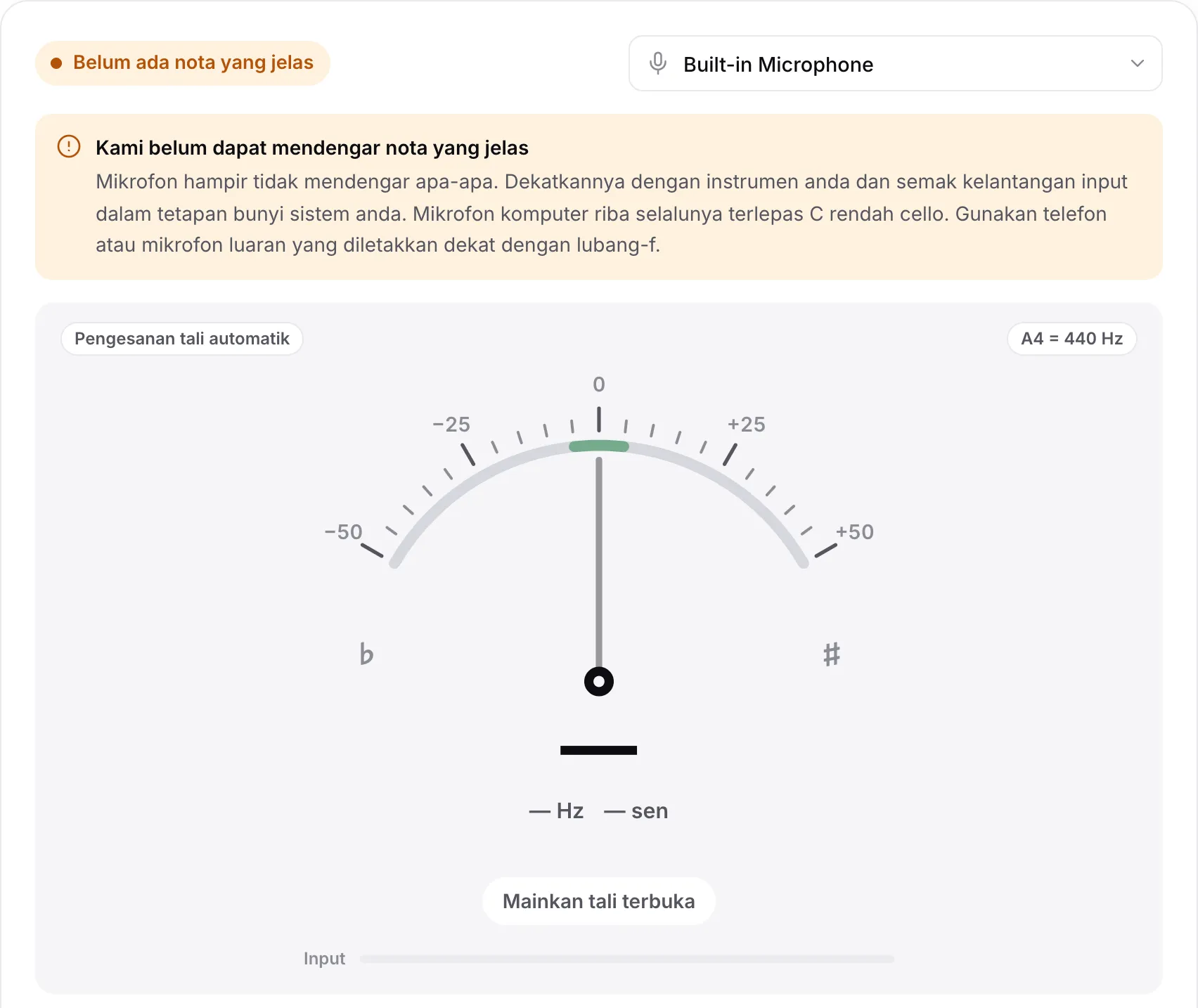 Penala dengan notis “Kami belum dapat mendengar nota yang jelas”, bar Input kosong dan petua tentang mikrofon komputer riba dan C yang rendah