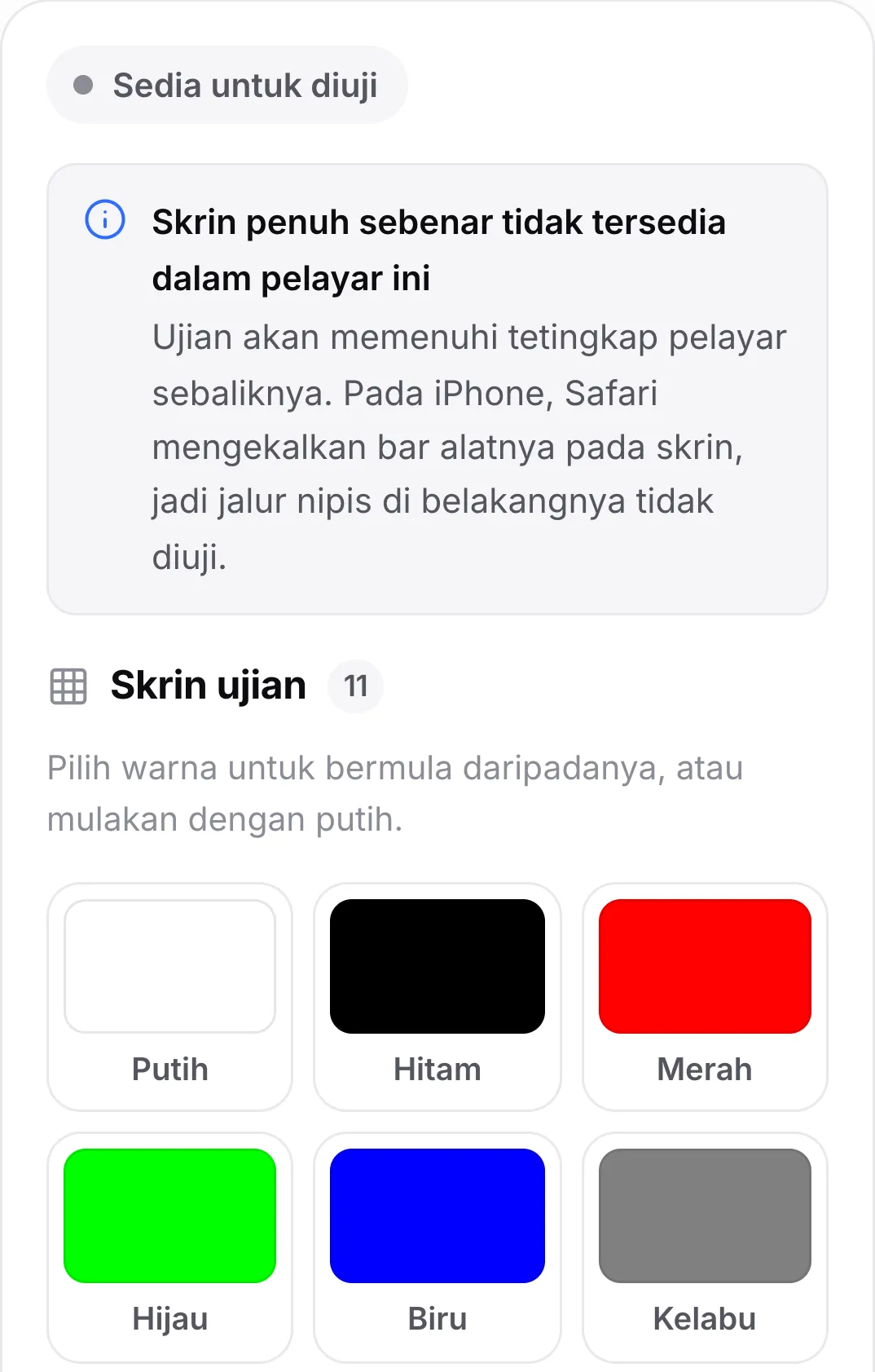 Ujian piksel mati pada iPhone menunjukkan notis “Skrin penuh sebenar tidak tersedia dalam pelayar ini” di atas swatch warna