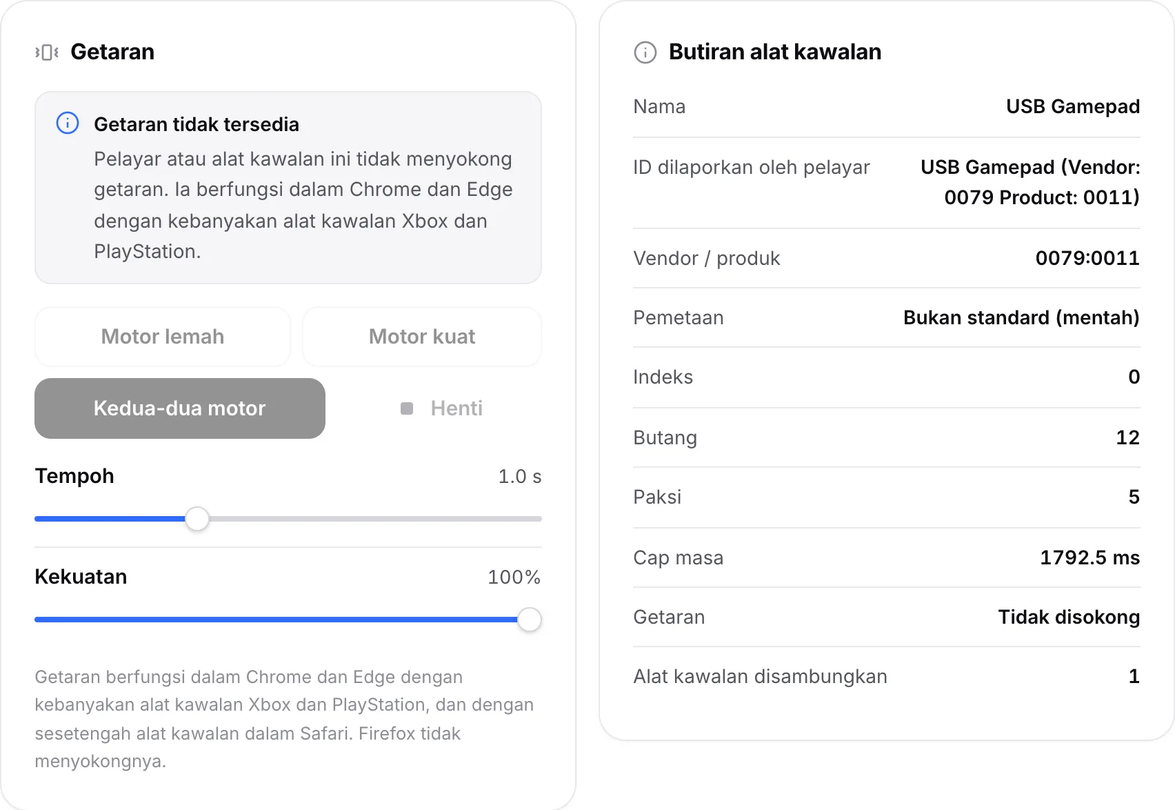 Panel Getaran dengan notis “Getaran tidak tersedia” dan butang motor dinyahdayakan; Butiran alat kawalan menunjukkan Getaran: Tidak disokong