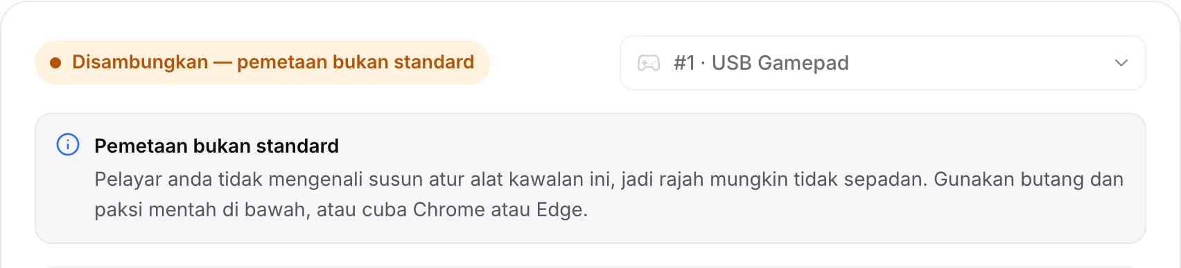 Penguji menunjukkan USB Gamepad dengan status oren “Disambungkan — pemetaan bukan standard” dan notis untuk menggunakan nilai mentah