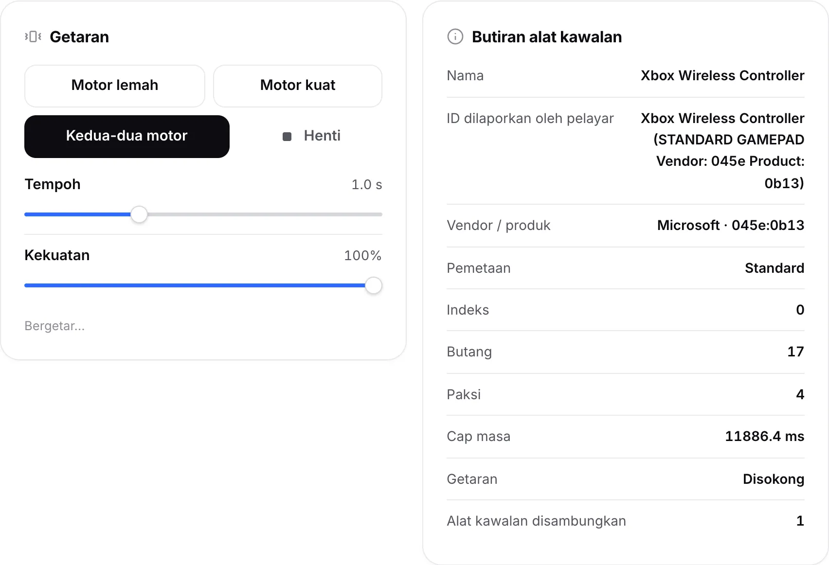Panel Getaran dengan butang motor dan peluncur di sebelah panel Butiran alat kawalan yang menunjukkan nama, ID, vendor dan pemetaan