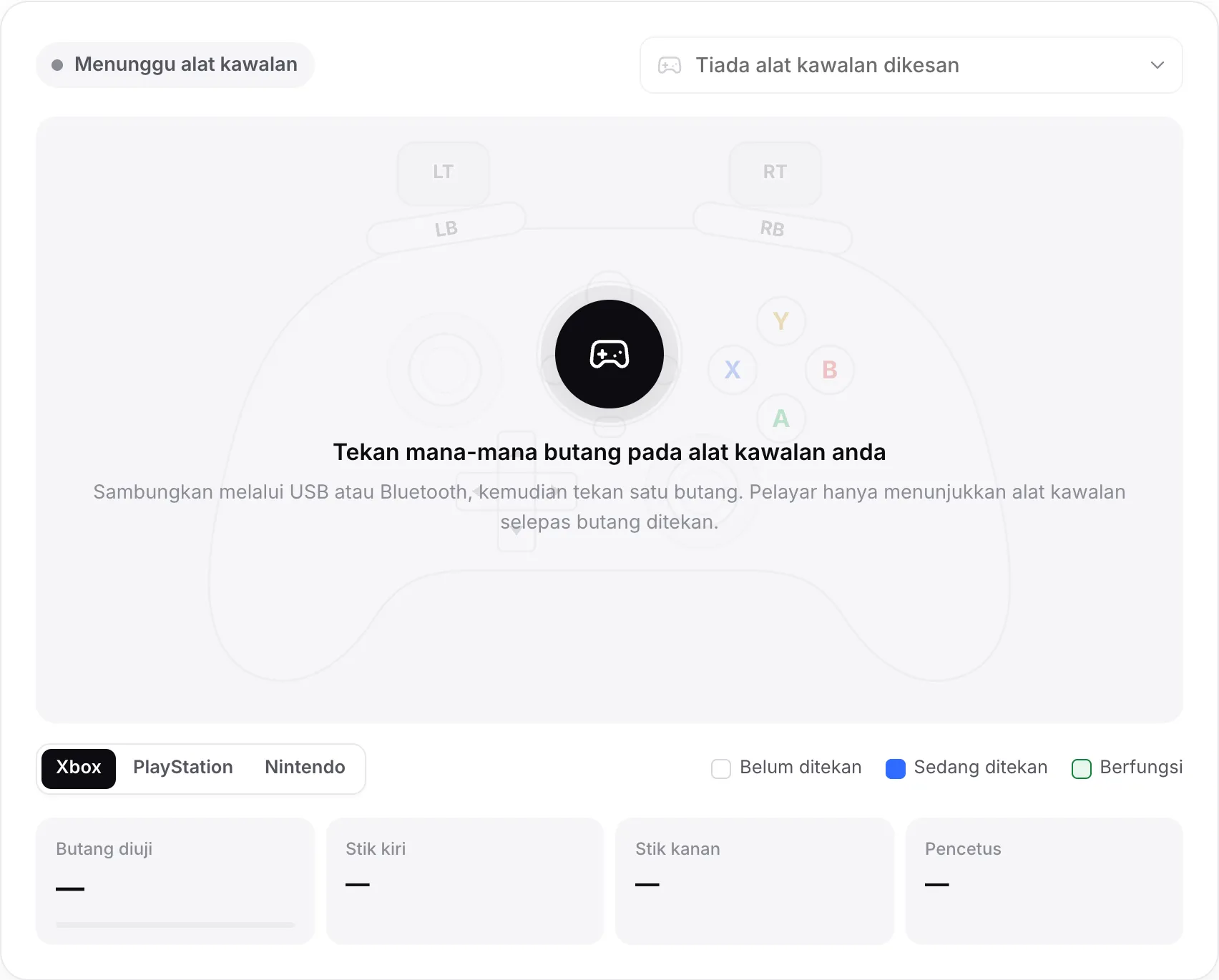 Penguji gamepad menunggu alat kawalan, dengan mesej “Tekan mana-mana butang pada alat kawalan anda”