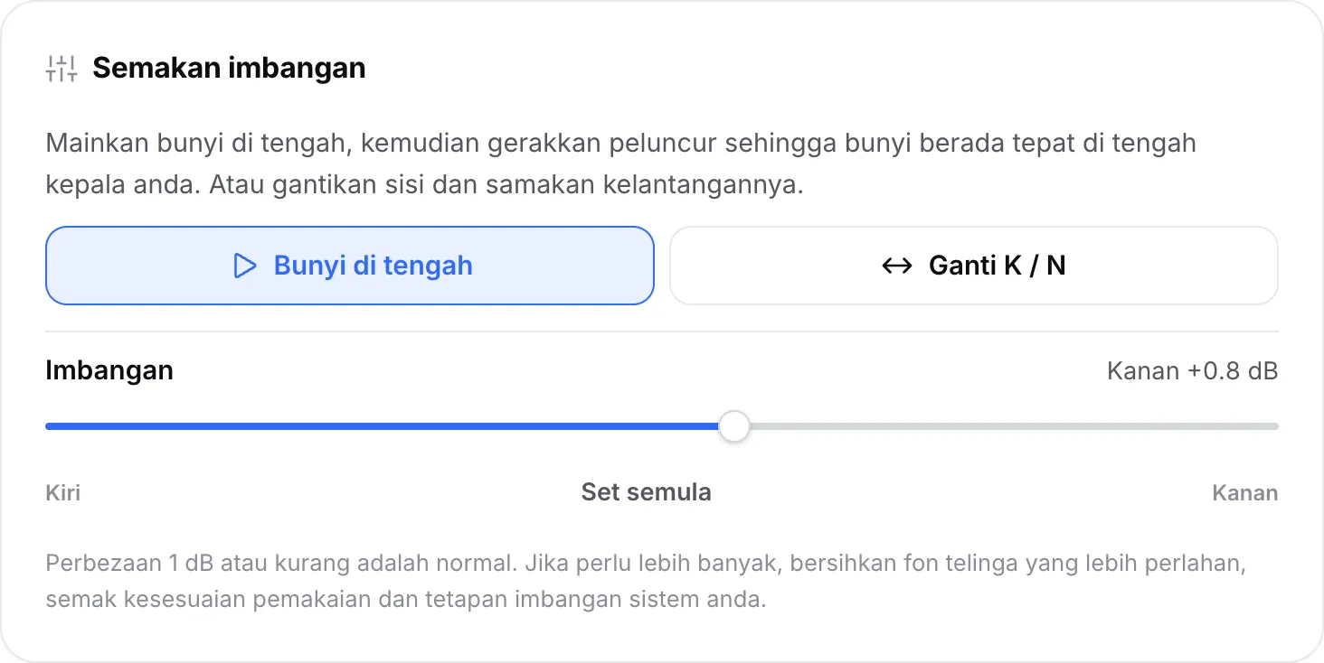 Semakan imbangan memainkan bunyi di tengah, dengan peluncur imbangan digerakkan ke Kanan +0.8 dB