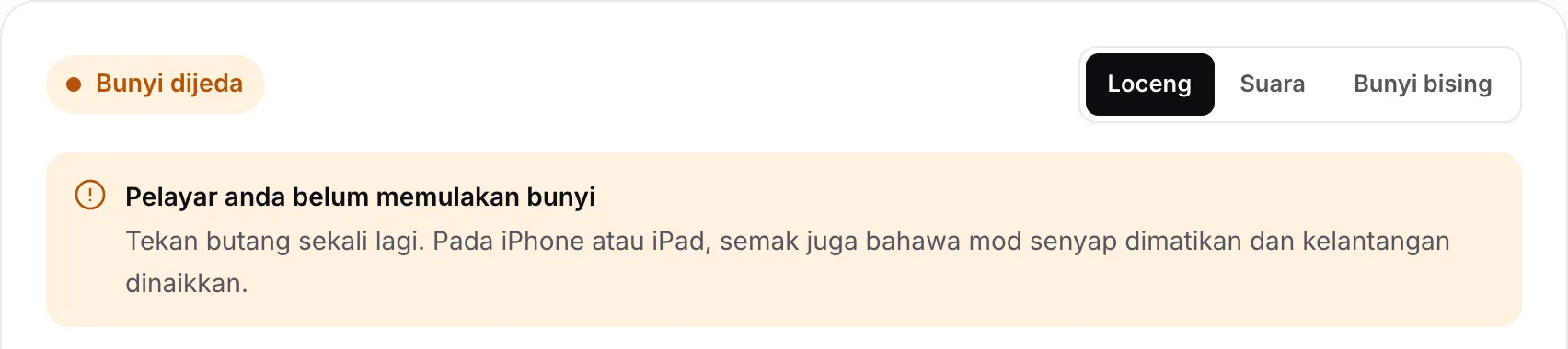 Ujian fon kepala menunjukkan status oren “Bunyi dijeda” dan notis “Pelayar anda belum memulakan bunyi”