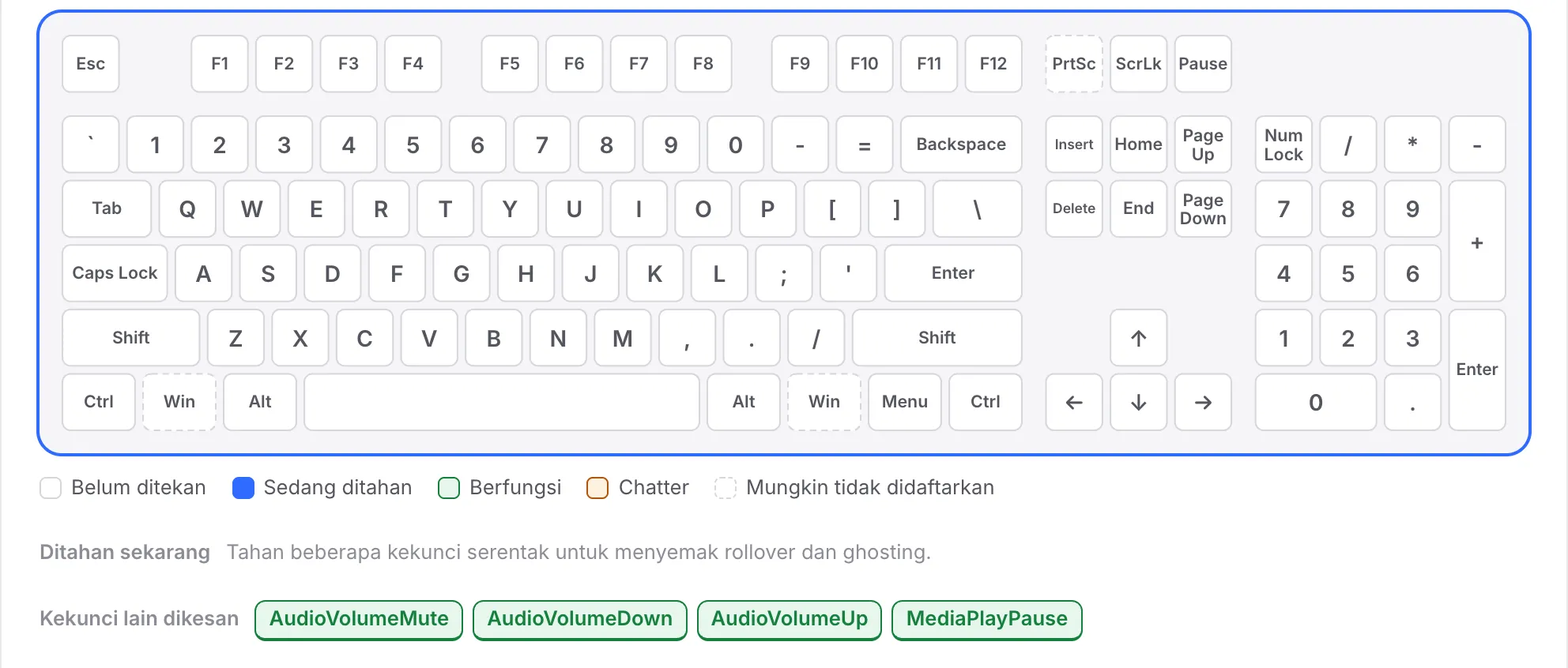 Baris F masih putih sementara AudioVolumeMute, AudioVolumeDown, AudioVolumeUp dan MediaPlayPause disenaraikan di bawah Kekunci lain dikesan