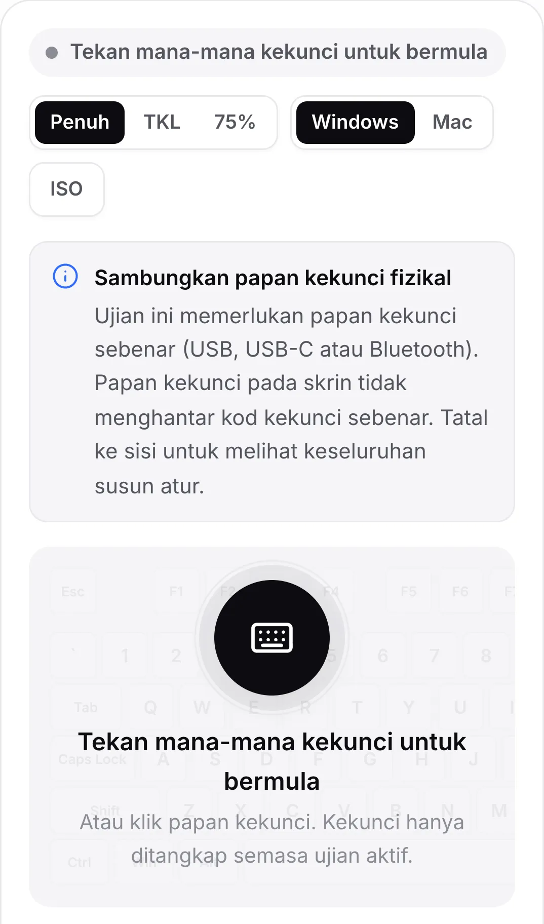 Ujian papan kekunci pada telefon dengan notis “Sambungkan papan kekunci fizikal”