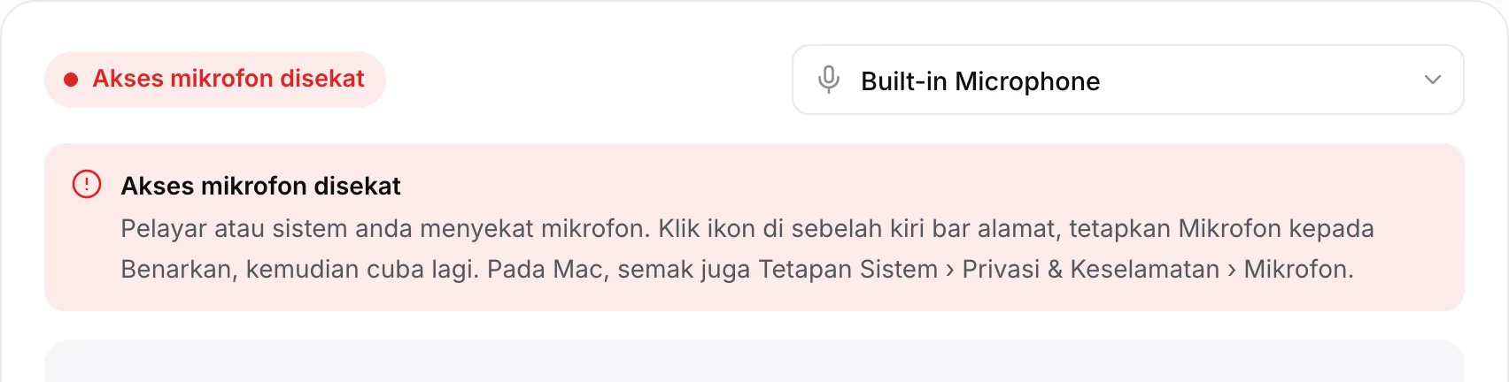 Ujian mikrofon yang menunjukkan mesej merah “Akses mikrofon disekat” beserta arahan