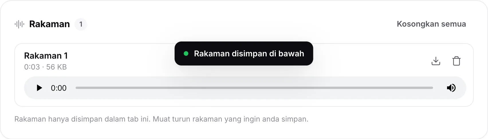 Satu rakaman dalam senarai Rakaman dengan panjang dan saiznya, pemain serta butang muat turun dan padam