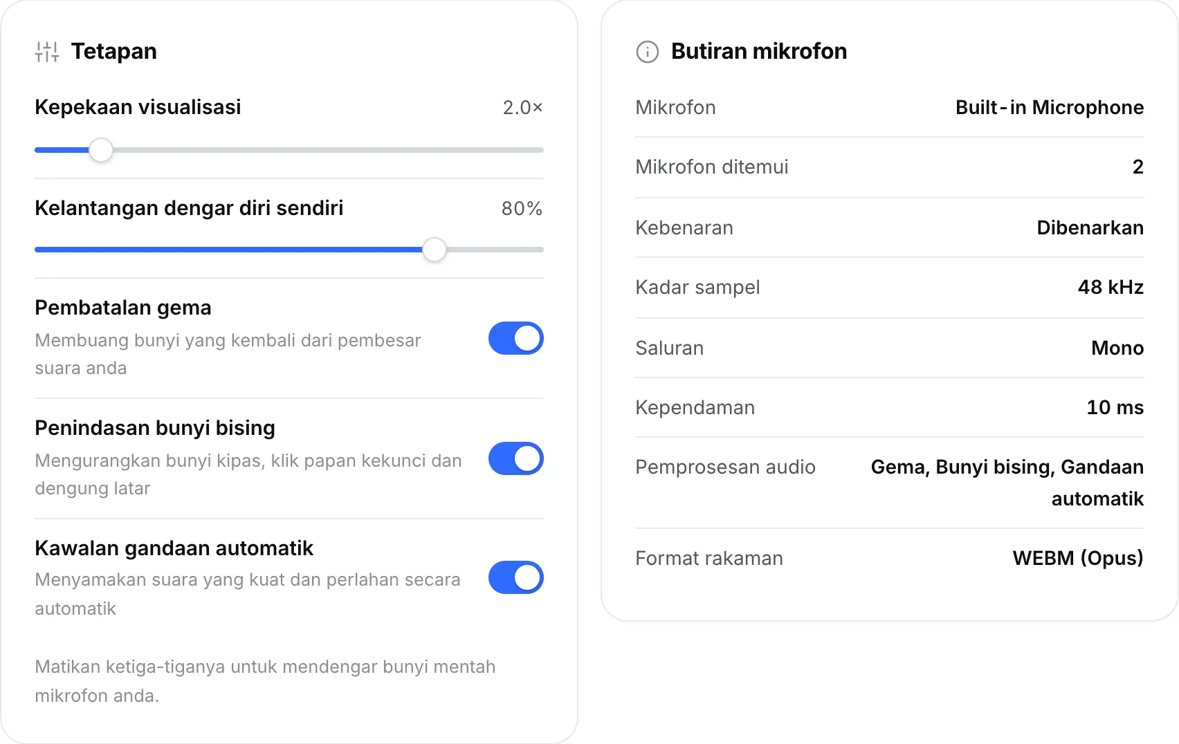 Panel Tetapan dengan suis pemprosesan audio di sebelah panel Butiran mikrofon