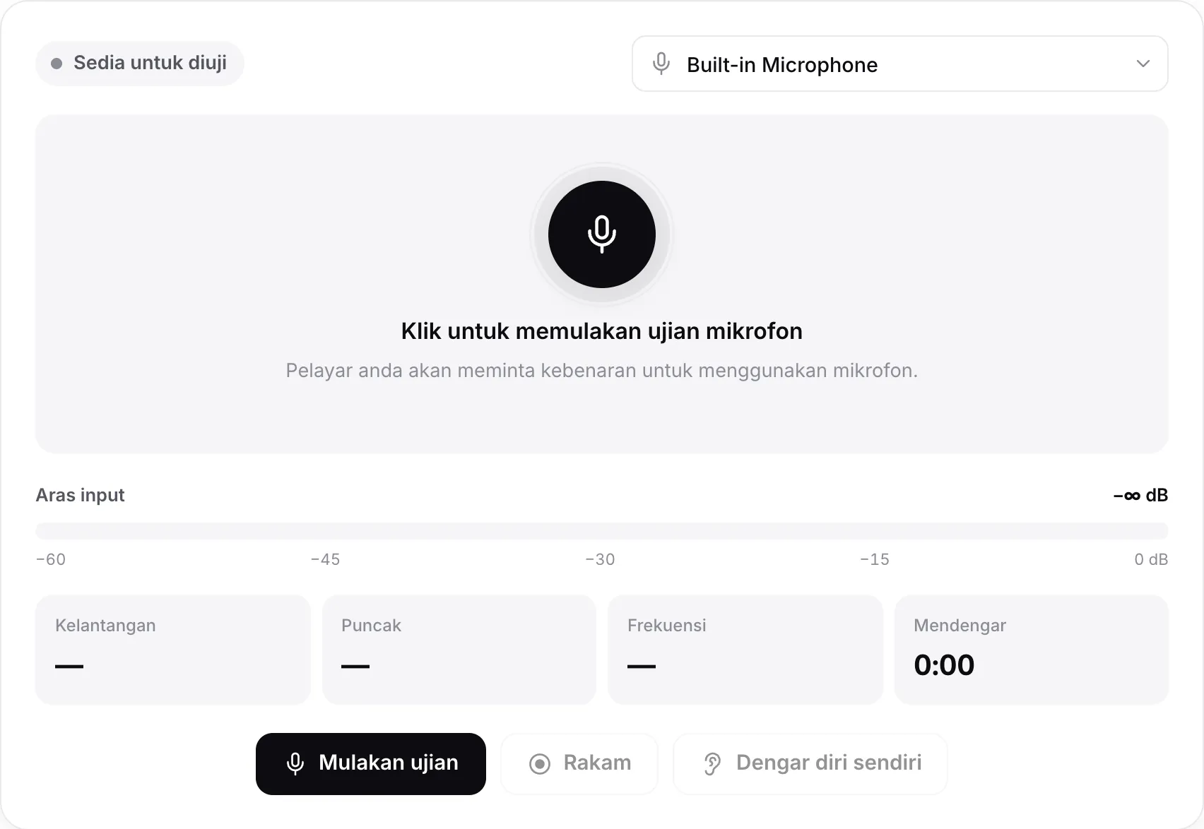Ujian mikrofon sebelum bermula, dengan butang Mulakan ujian dan menu mikrofon