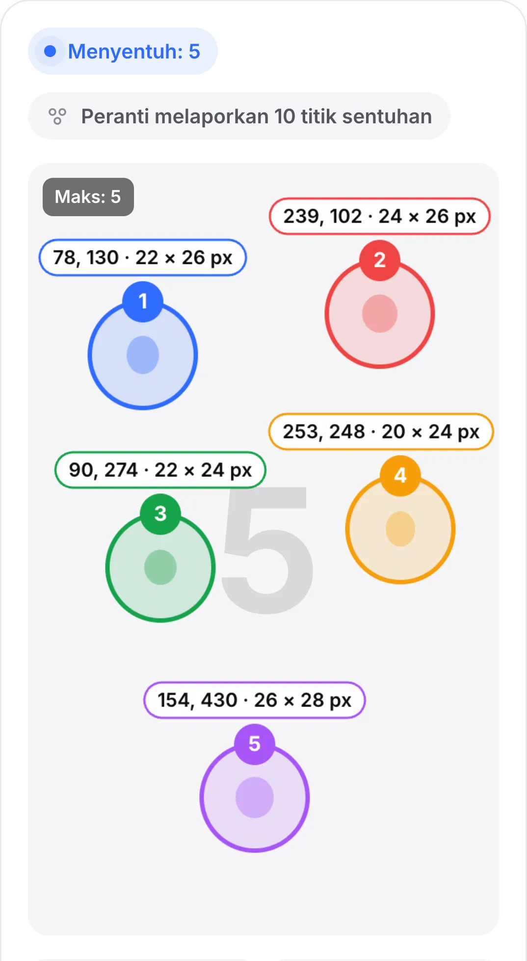Lima bulatan bernombor dalam warna berbeza pada kawasan ujian, masing-masing berlabel kedudukan dan saiz sentuhannya, dengan status “Menyentuh: 5” dan lencana “Peranti melaporkan 10 titik sentuhan”
