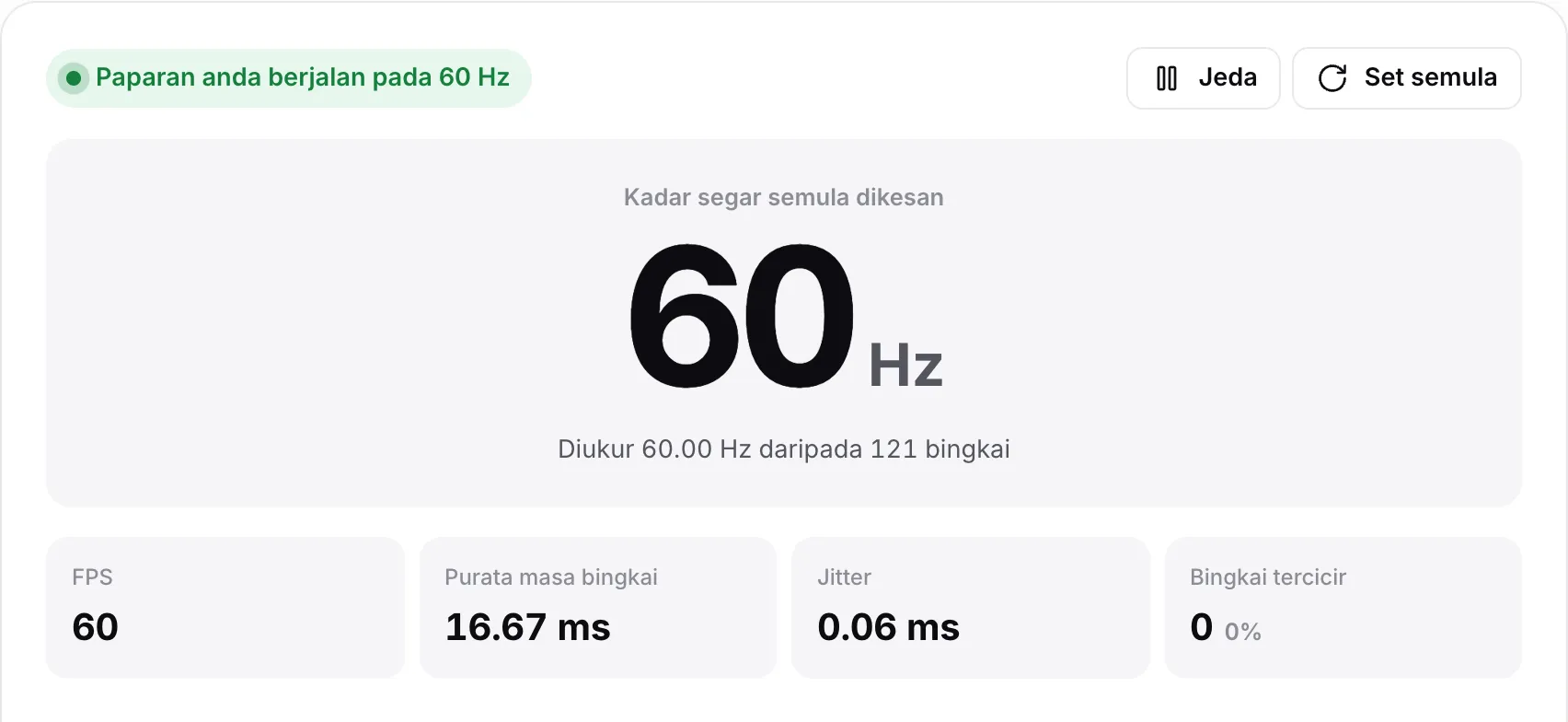 Keputusan “Paparan anda berjalan pada 60 Hz”: 60 Hz dalam cetakan besar, 60 FPS, purata masa bingkai 16.67 ms, jitter di bawah 0.1 ms dan tiada bingkai tercicir