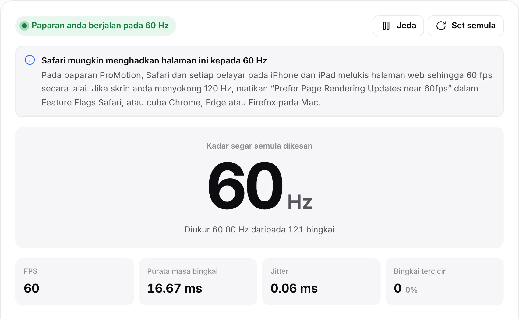 Nota “Safari mungkin menghadkan halaman ini kepada 60 Hz” di atas keputusan 60 Hz