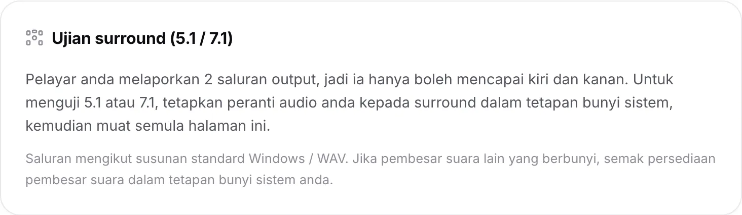 Ujian surround menerangkan bahawa pelayar melaporkan 2 saluran output, jadi ia hanya boleh mencapai kiri dan kanan