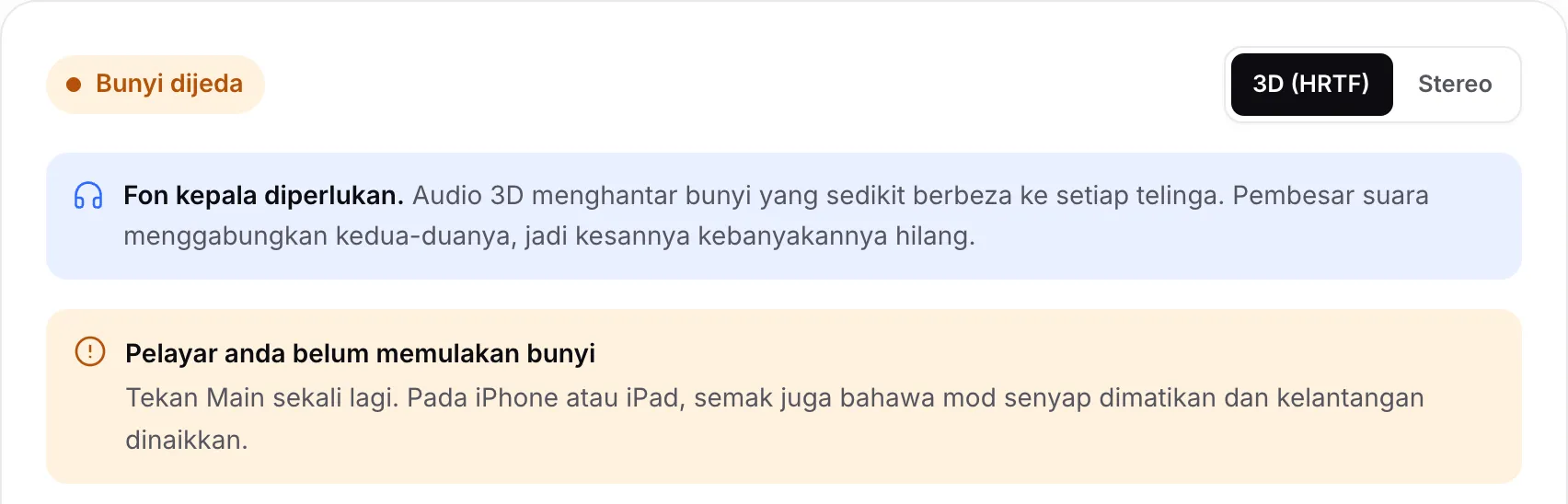 Ujian audio 3D menunjukkan status oren “Bunyi dijeda” dan notis “Pelayar anda belum memulakan bunyi”