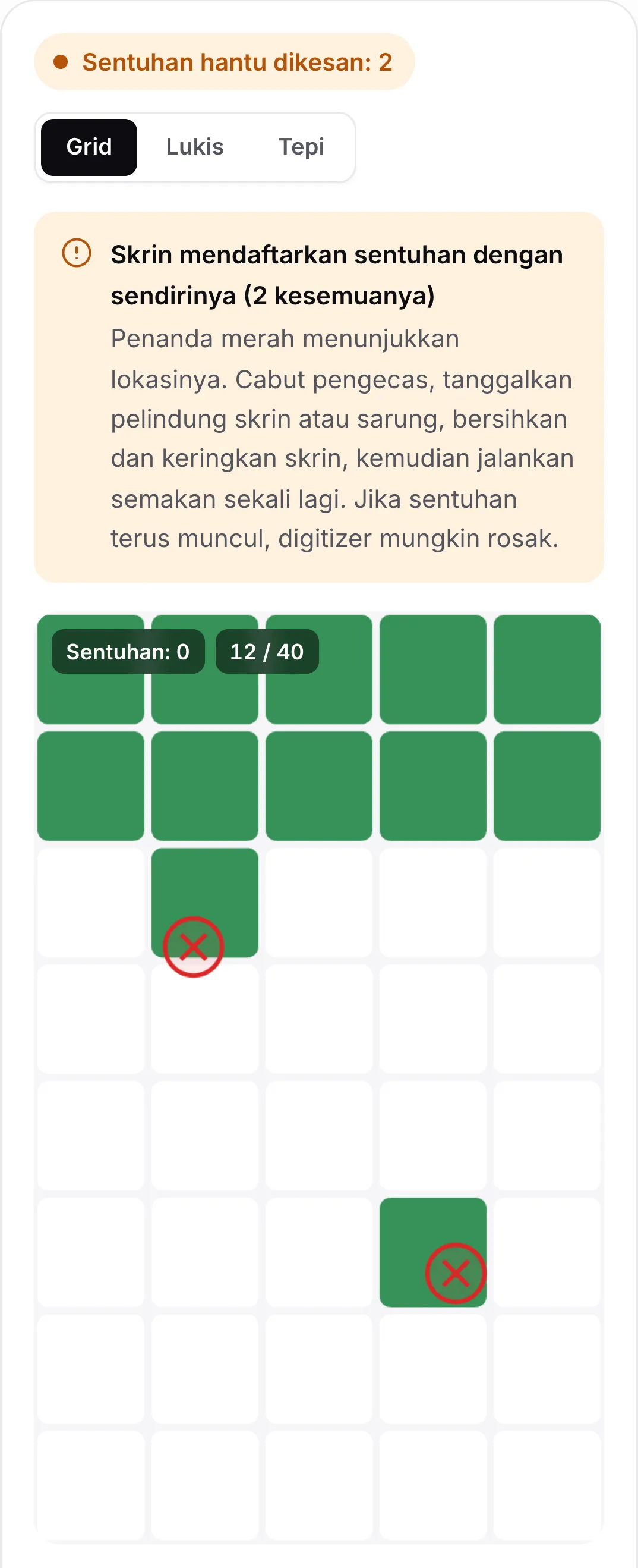 Keputusan semakan sentuhan hantu: status oren “Sentuhan hantu dikesan: 2”, nasihat untuk mencabut pengecas dan membersihkan skrin, dan dua penanda merah pada grid