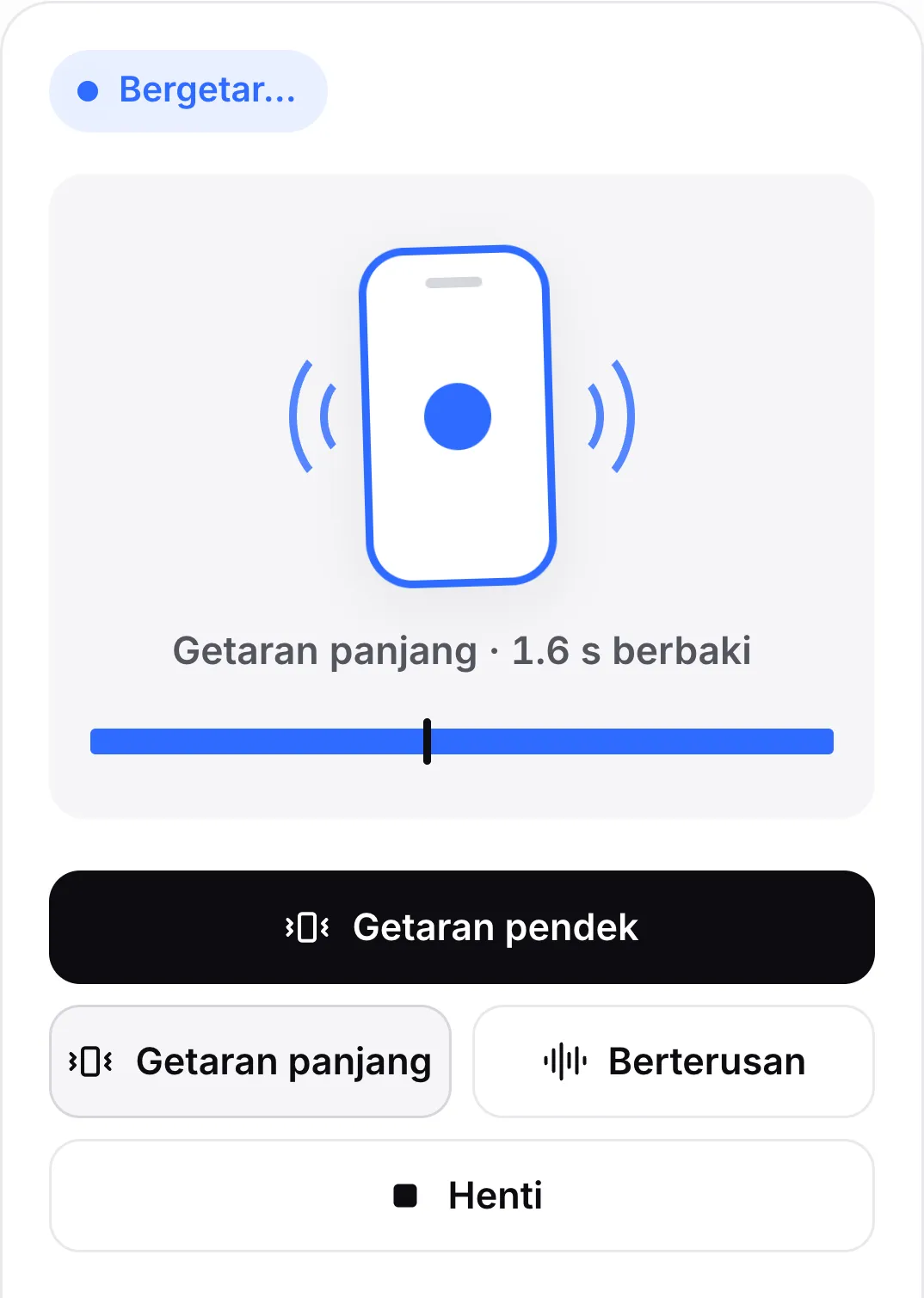 Getaran panjang tiga saat sedang dimainkan: status “Bergetar…”, ikon telefon yang bergegar, “Getaran panjang · 1.6 s berbaki” dan bar kemajuan dengan penanda mainnya