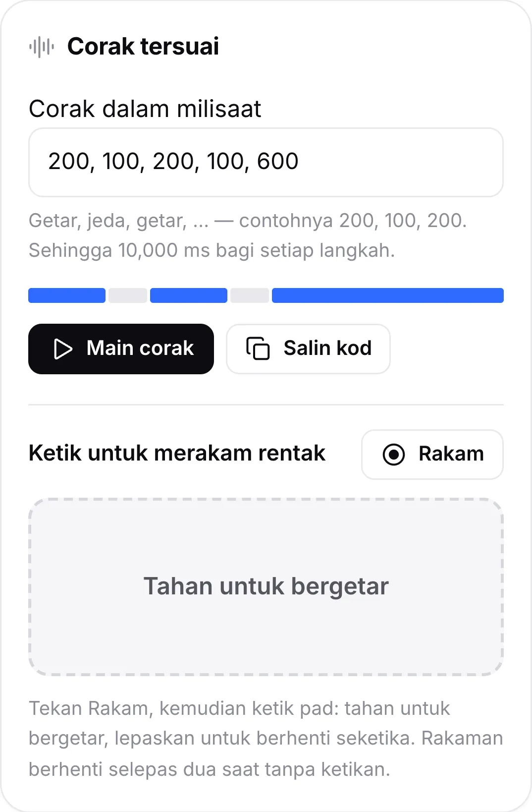 Kad Corak tersuai dengan corak 200, 100, 200, 100, 600, bar pratontonnya, butang Main corak dan Salin kod serta pad ketik untuk merakam rentak