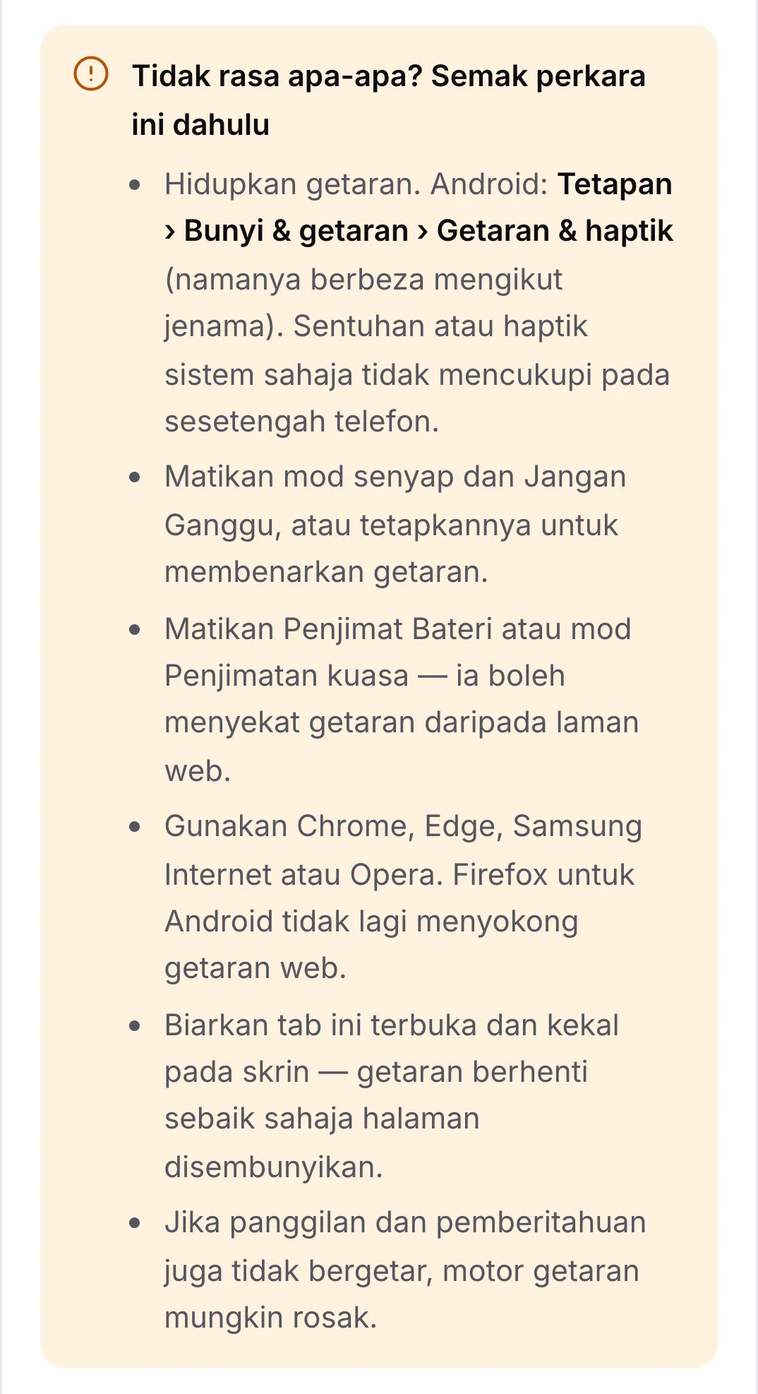 Senarai semak “Tidak rasa apa-apa? Semak perkara ini dahulu” dengan enam petua, bermula dengan menghidupkan getaran dalam tetapan Android