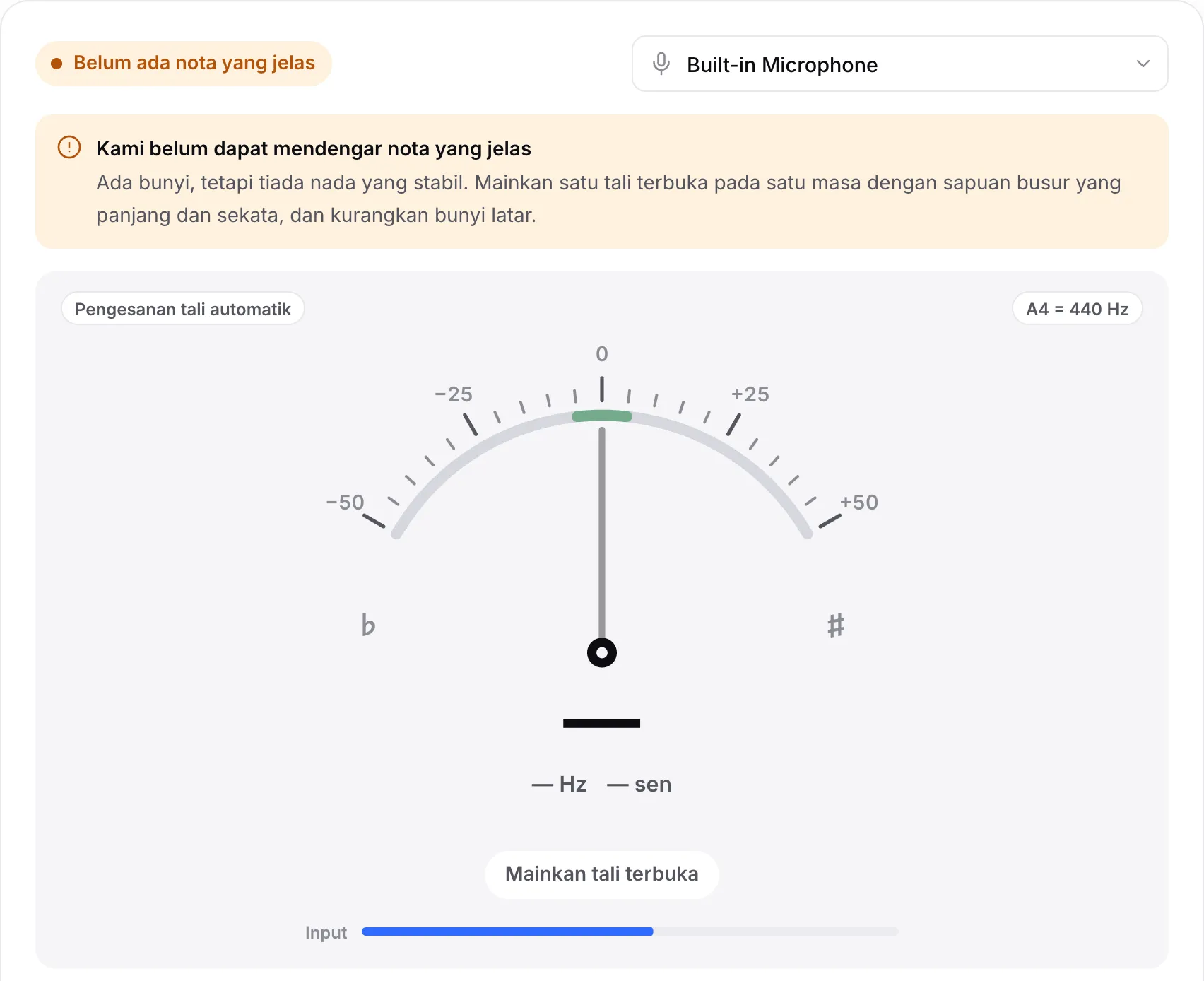 Penala dengan notis “Kami belum dapat mendengar nota yang jelas”: bar Input menunjukkan bunyi, tetapi tiada nada yang stabil