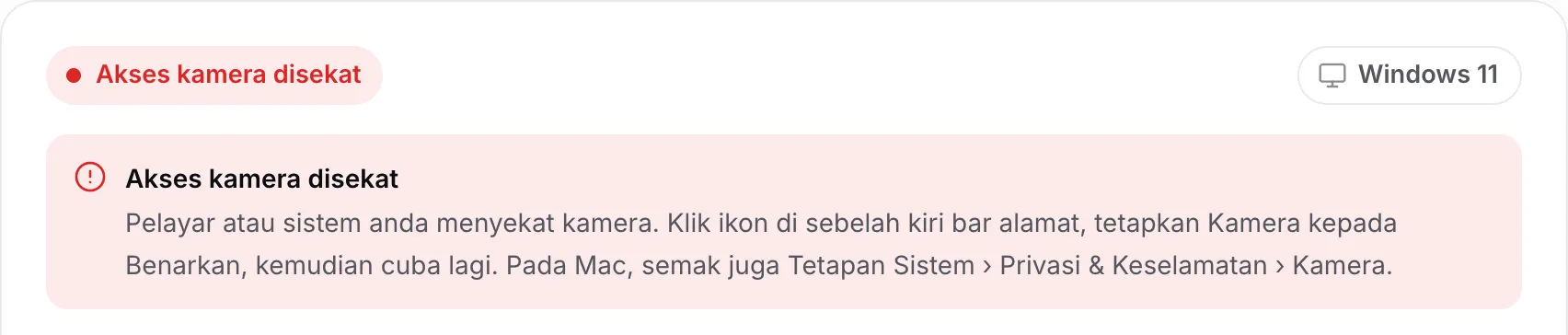 Pencari pemacu kamera web yang menunjukkan mesej merah “Akses kamera disekat” beserta arahan