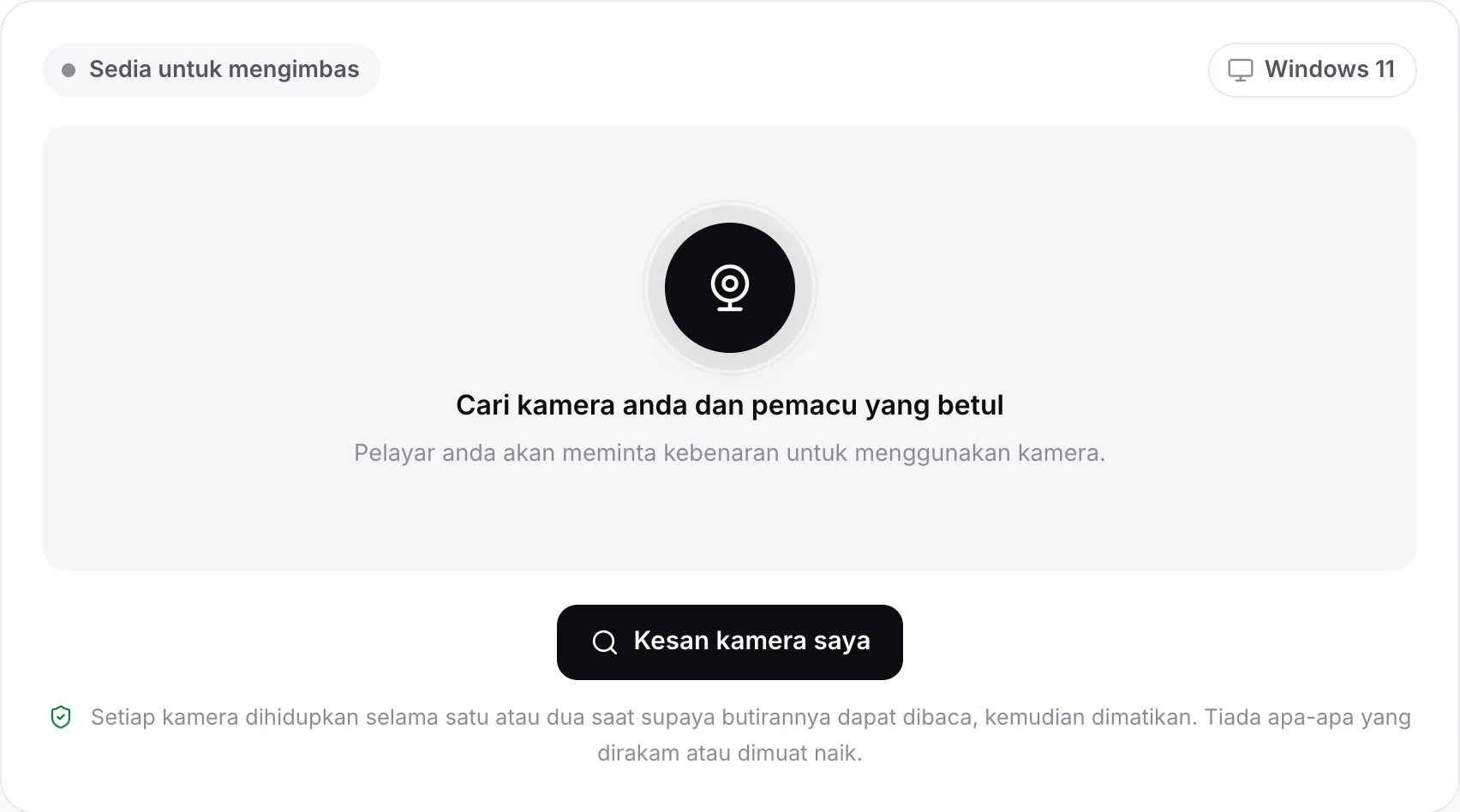Pencari pemacu kamera web sebelum imbasan, dengan butang Kesan kamera saya dan sistem yang dikesan, Windows 11