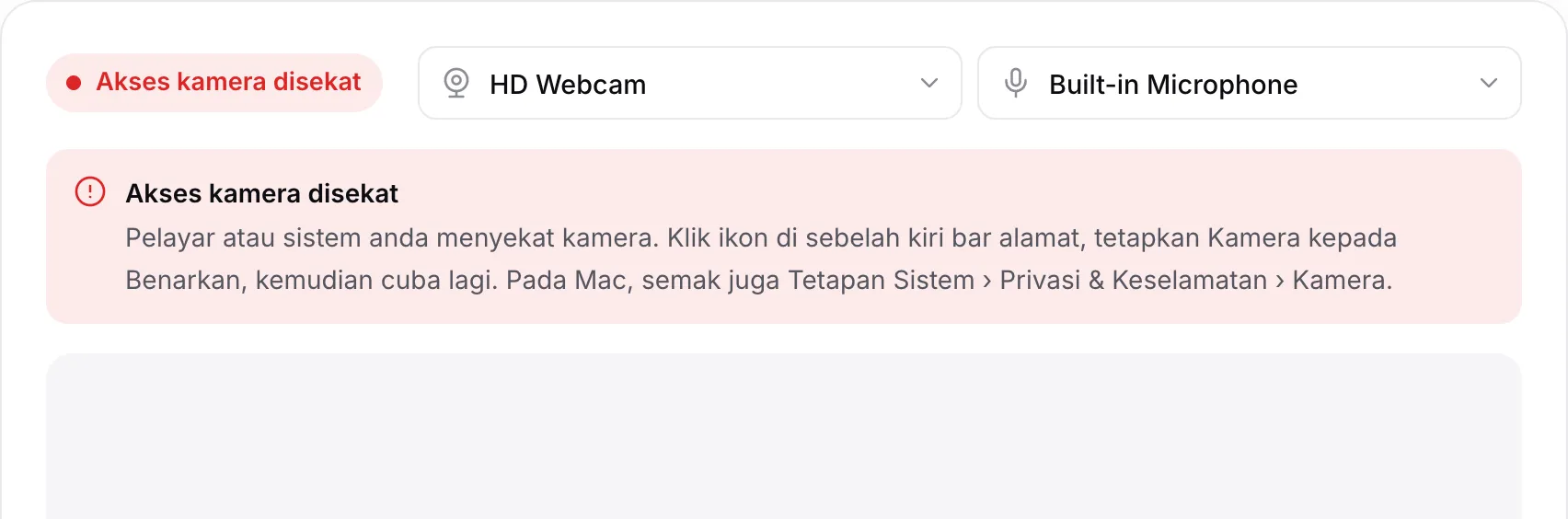 Perakam kamera web yang menunjukkan mesej merah “Akses kamera disekat” beserta arahan