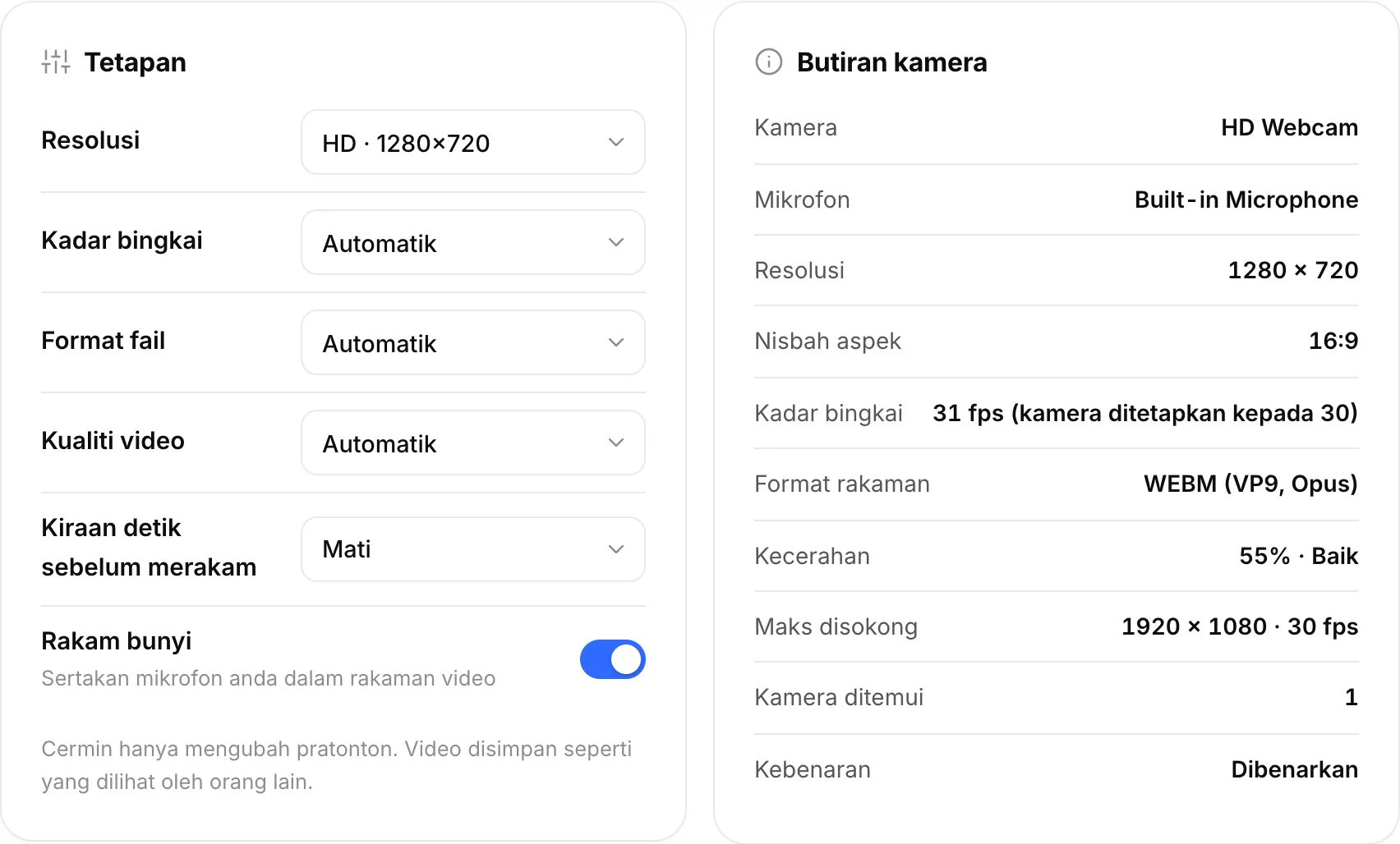 Tetapan rakaman di sebelah Butiran kamera, yang menunjukkan 1280 × 720, 30 fps dan format rakaman WEBM (VP9, Opus)
