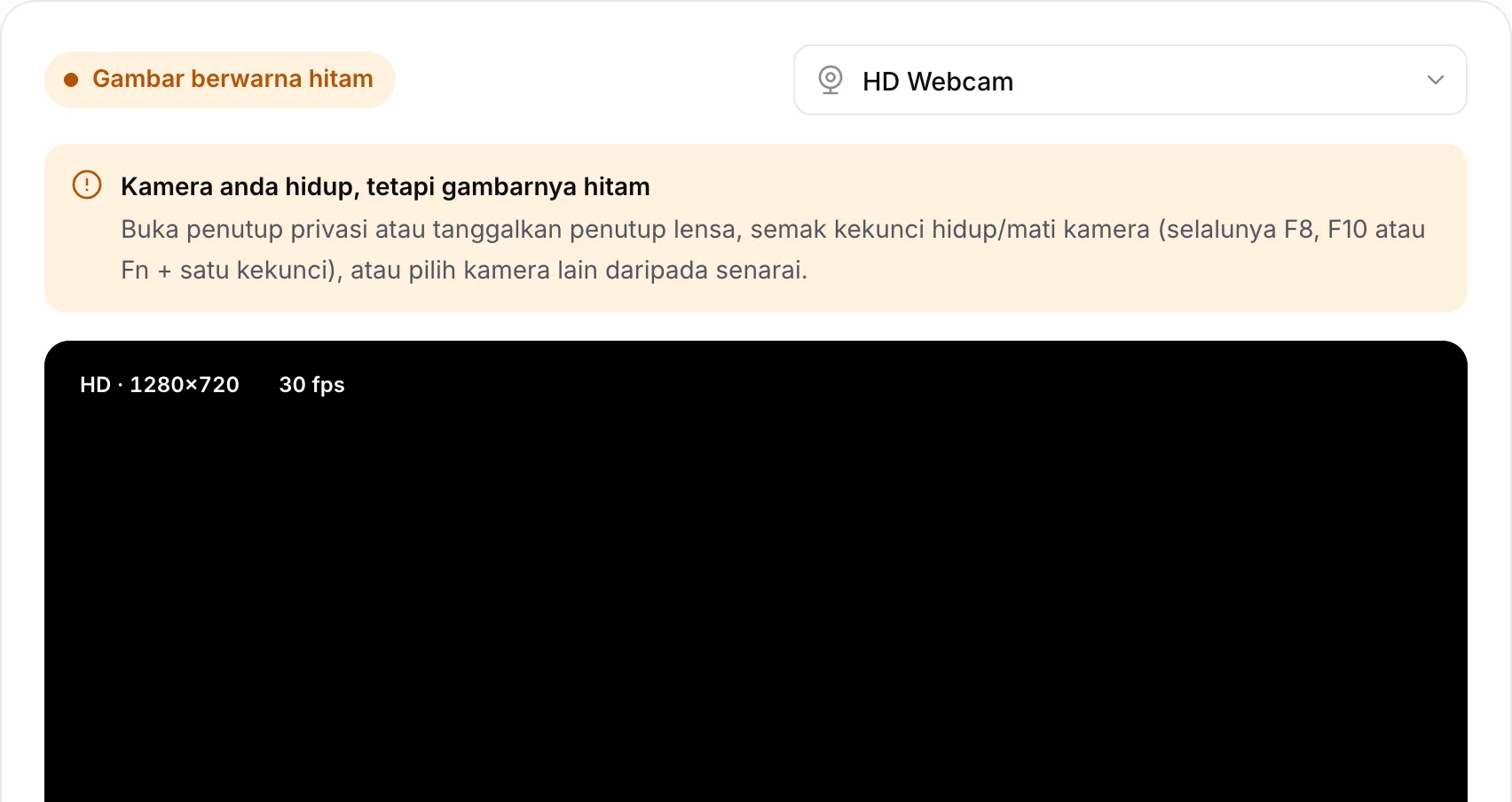 Ujian kamera web yang menunjukkan amaran “Kamera anda hidup, tetapi gambarnya hitam” di atas gambar hitam