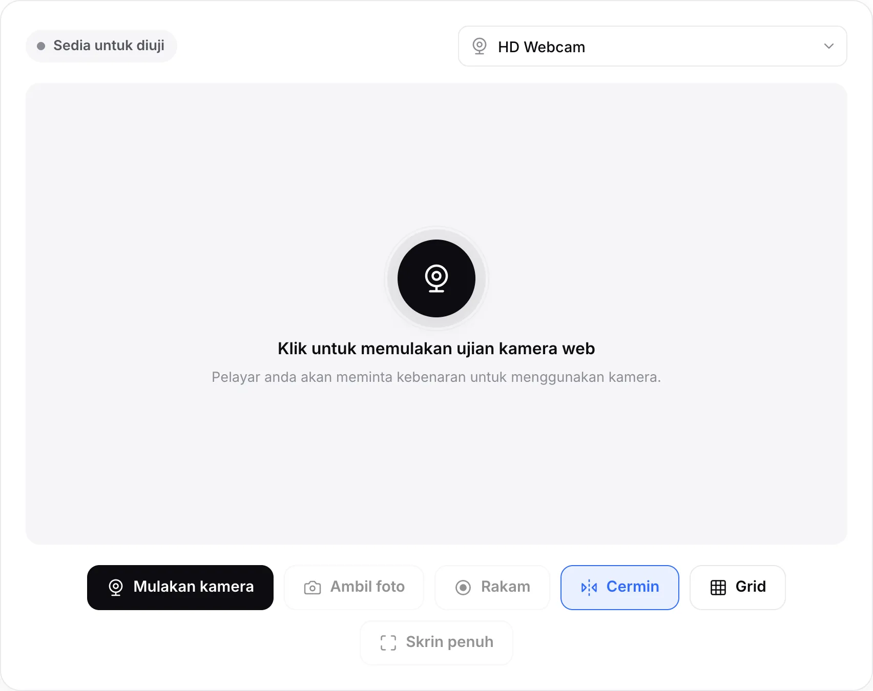 Ujian kamera web sebelum bermula, dengan butang Mulakan kamera dan menu kamera