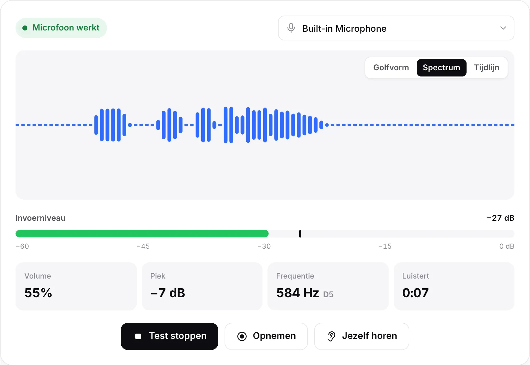 De microfoontest in de weergave Spectrum met bewegende balken, een invoerniveau van −23 dB en de groene status “Microfoon werkt”