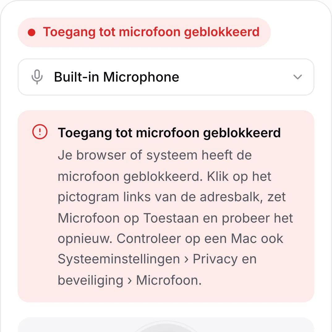 De microfoontest op een telefoon met de rode melding “Toegang tot microfoon geblokkeerd”