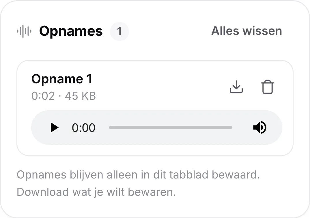 Een opname op een telefoon met de lengte, een speler en knoppen om te downloaden en te verwijderen